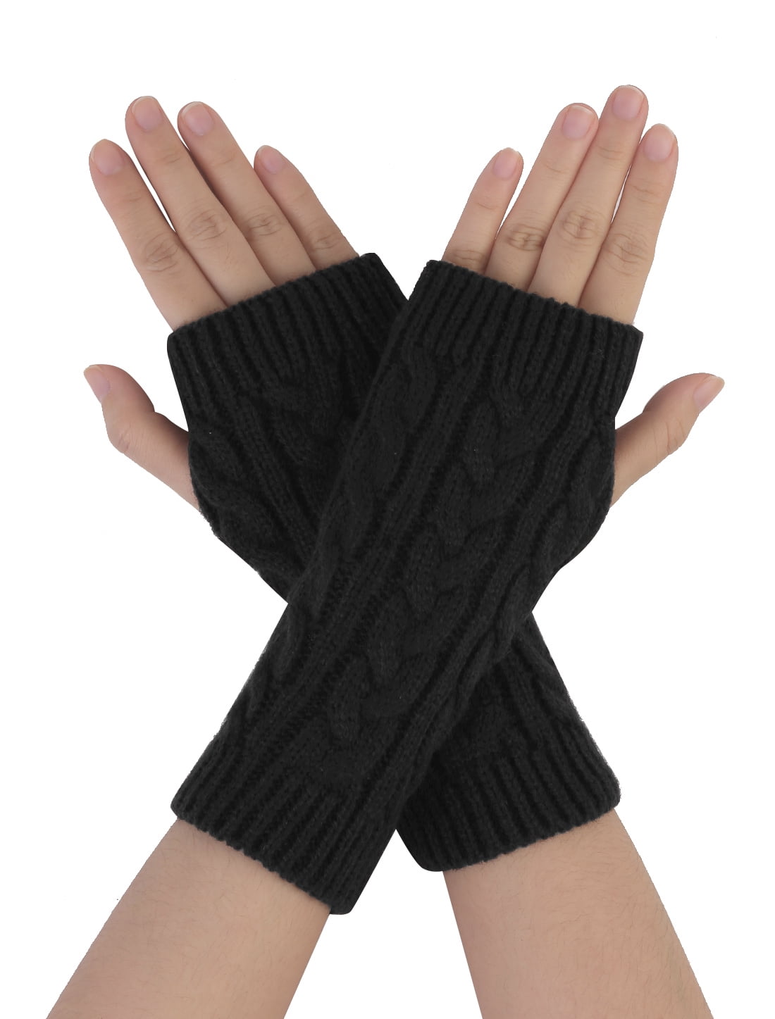 Unique Bargains One Pair Knitted Ribbed Thumb Hole Design Warm Gloves for Unisex