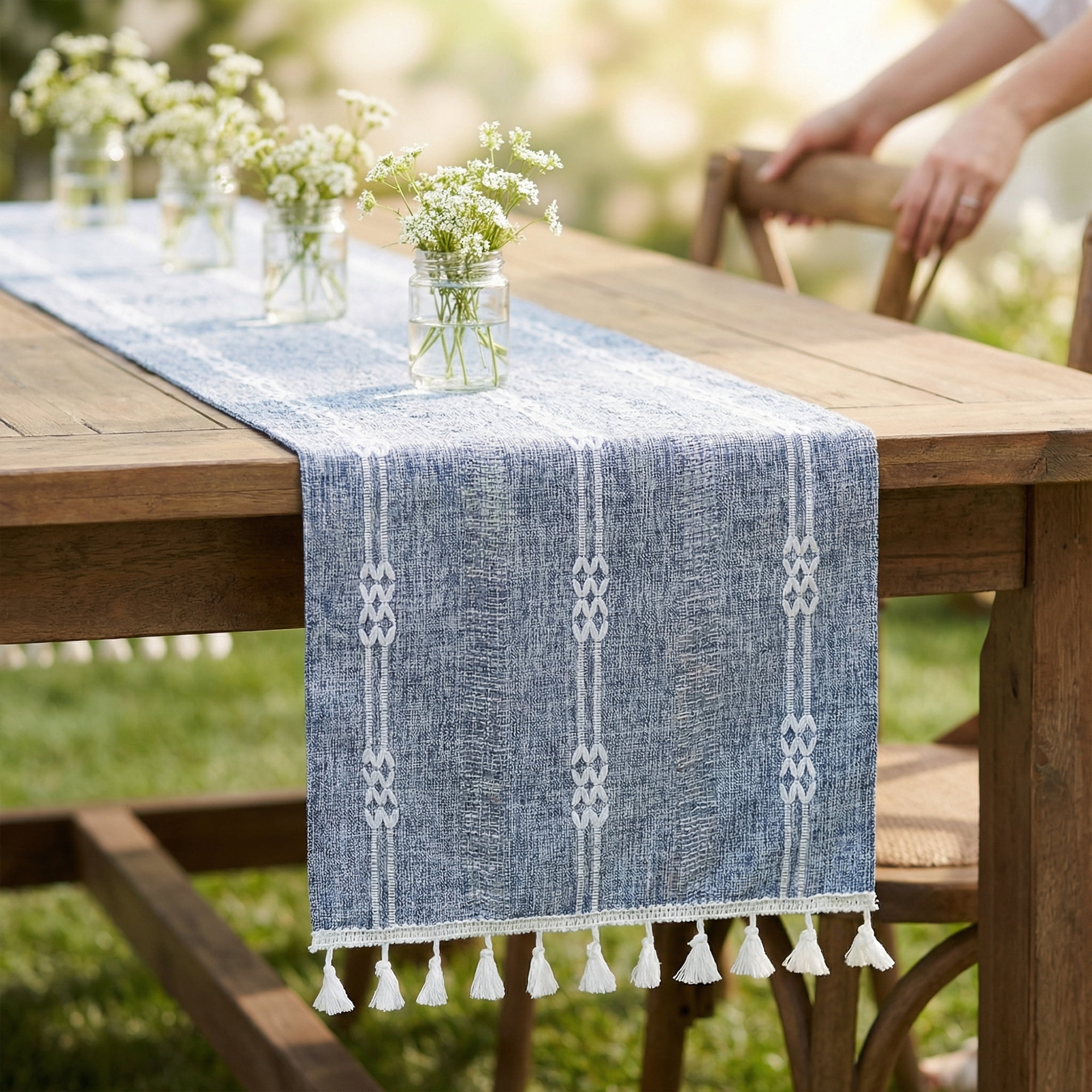 Unique Bargains Openwork Polyester Runner Table Runner for Kitchen Decor Blue 13"x70.9"