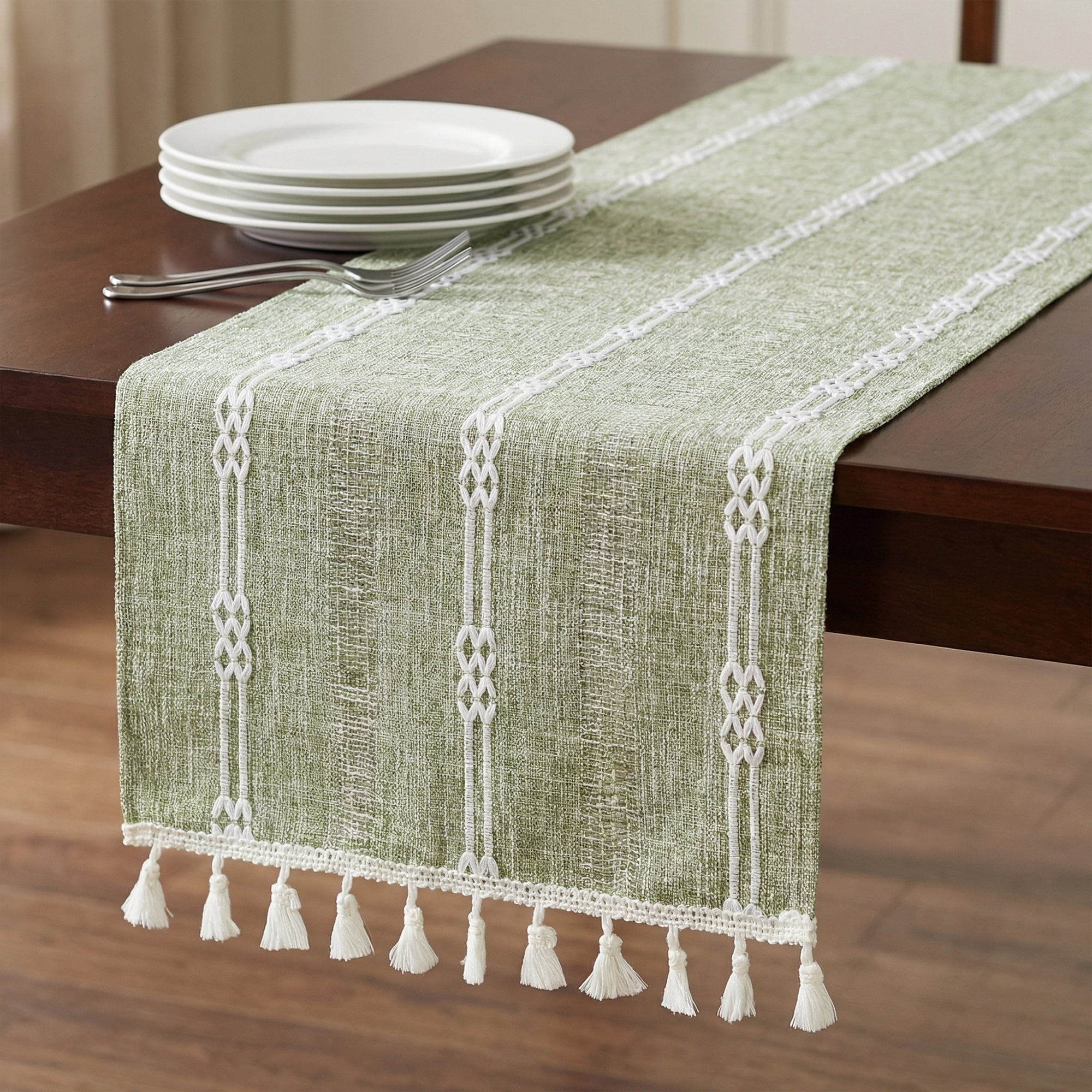 Unique Bargains Openwork Polyester Runner Table Runner for Kitchen Decor Green 13"x63"