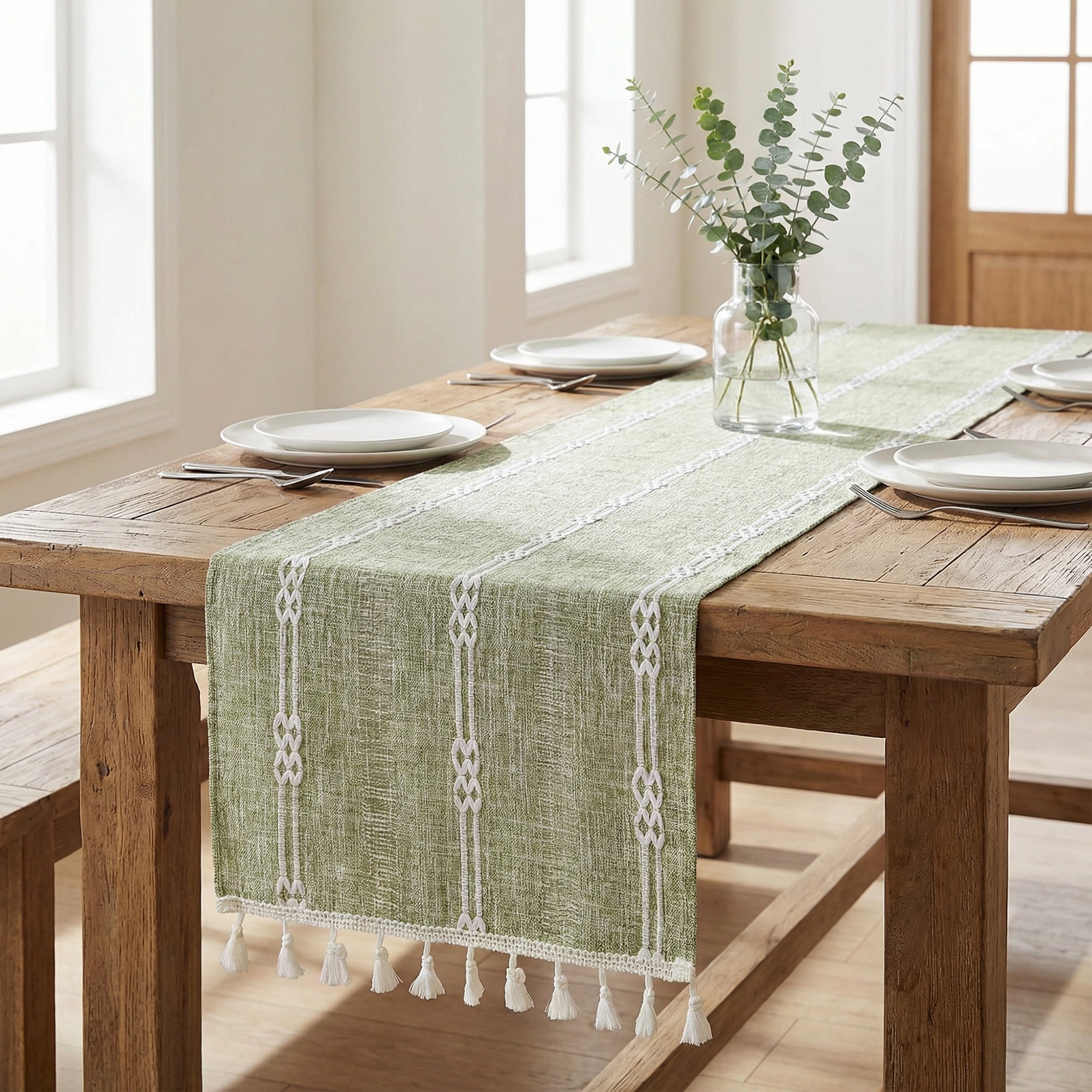 Unique Bargains Openwork Polyester Runner Table Runner for Kitchen Decor Green 13"x70.9"
