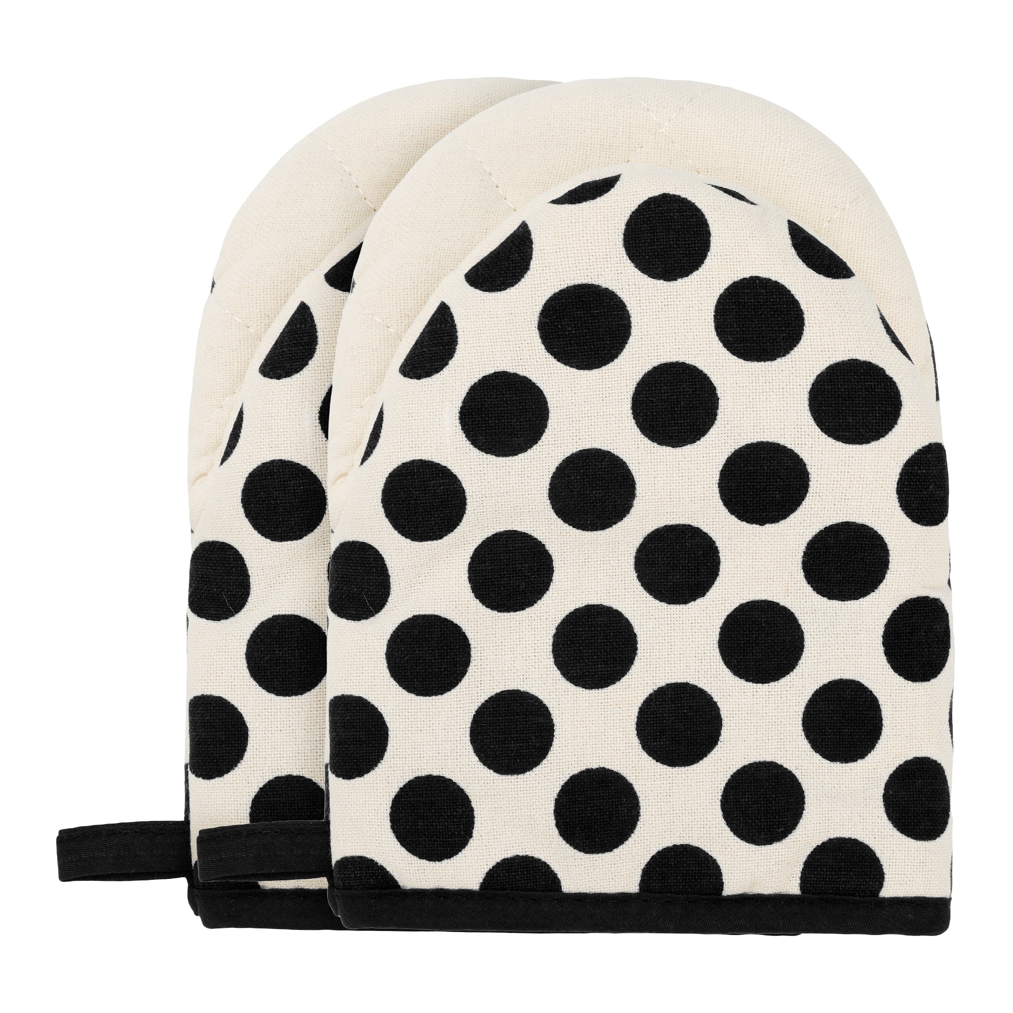Unique Bargains Oven Mitts Heat Resistant Cooking Gloves Black Polka Dots 7.1x5.5inch