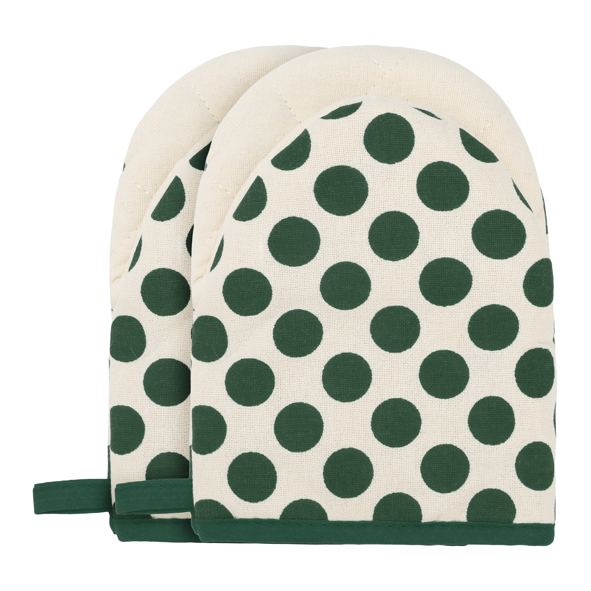 Unique Bargains Oven Mitts Heat Resistant Cooking Gloves Green Polka Dots 7.1x5.5inch