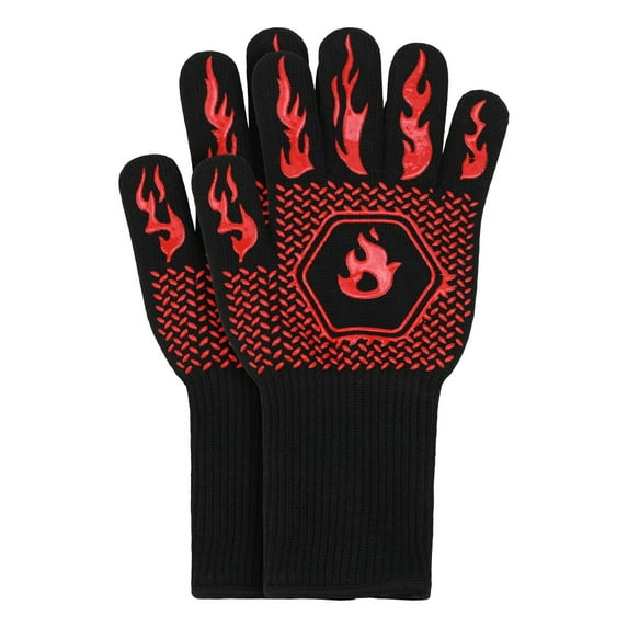 Unique Bargains Oven Mitts Heat-Resistant Cooking Gloves Red Fire 12.6x5inch