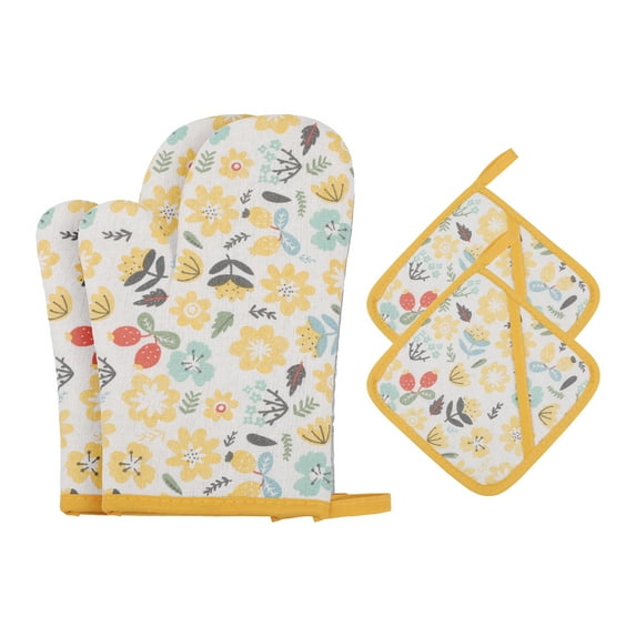 Unique Bargains Oven Mitts Pot Holder Heat Resistant Kitchen Gloves Yellow 10x6.5inch