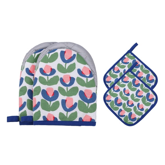 Unique Bargains Oven Mitts Pot Holders Heat Resistant Kitchen Glove Blue 7.1x5.5inch