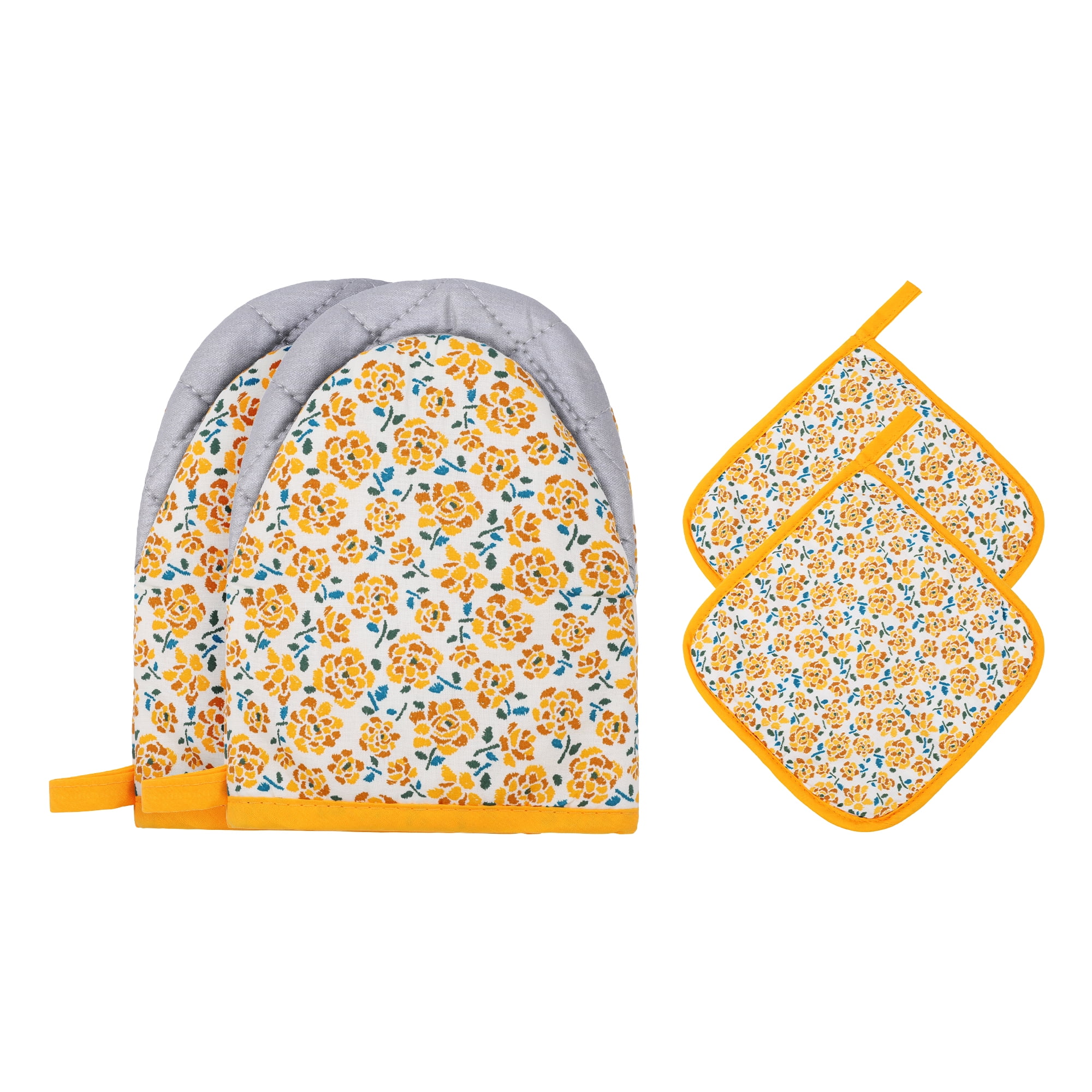 Unique Bargains Oven Mitts Pot Holders Heat Resistant Kitchen Glove Yellow 7.1x5.5inch