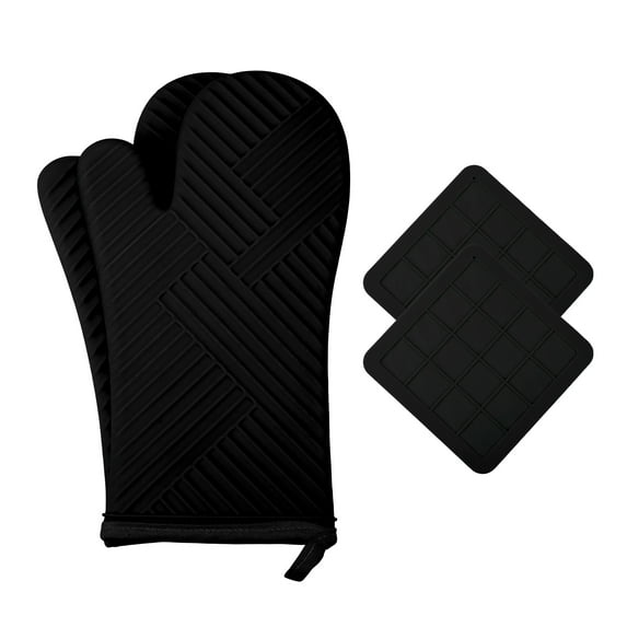 Unique Bargains Oven Mitts Pot Holders Heat Resistant Oven Gloves Black 13x7.5inch