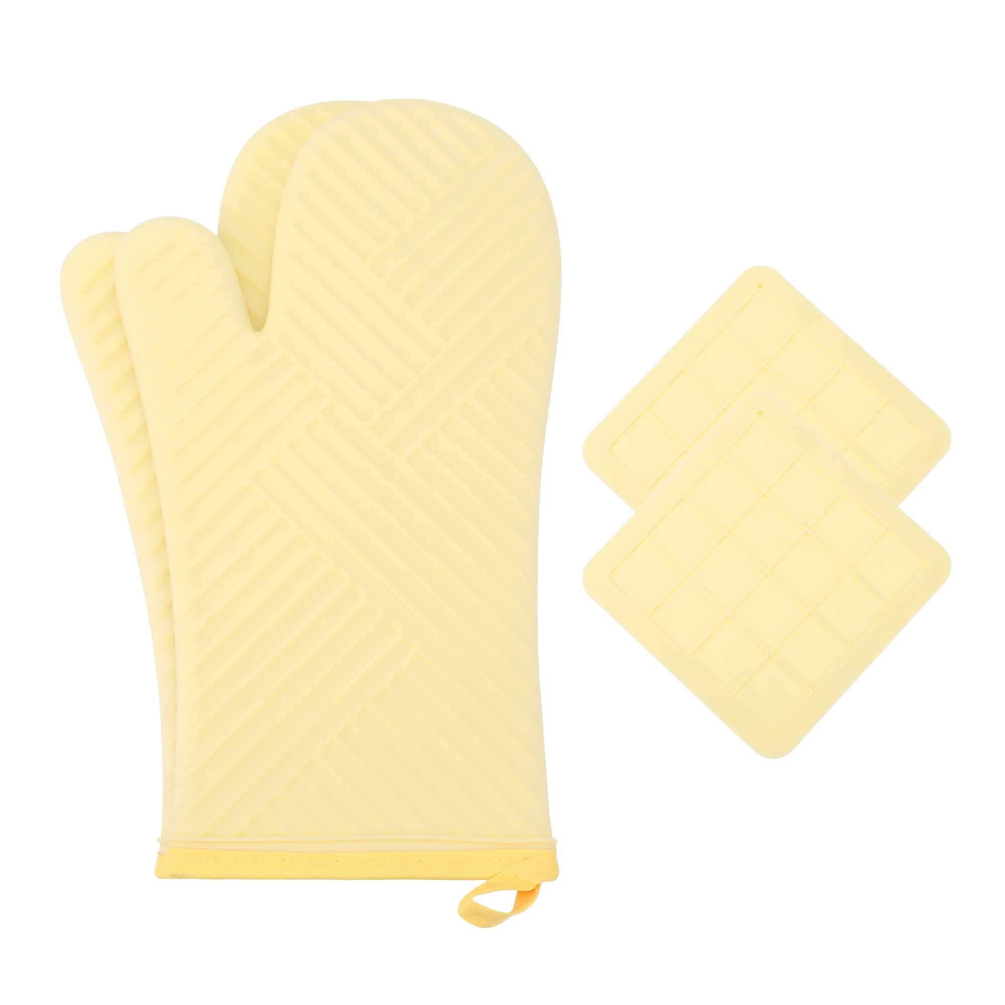 Unique Bargains Oven Mitts Pot Holders Heat Resistant Oven Gloves Yellow 13x7.5inch