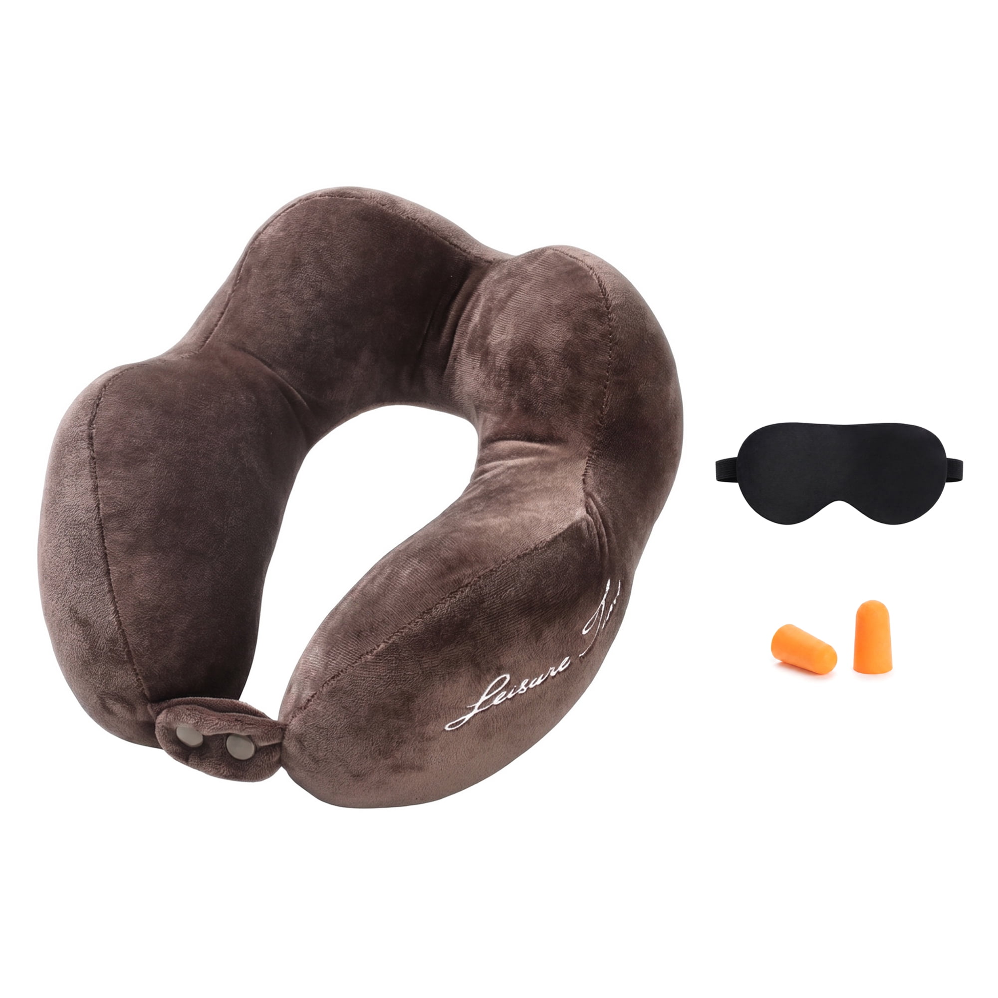 Unique Bargains PP Cotton U Shape Neck Pillow with Earplugs and Eye Mask Coffee 11"x10"x4"