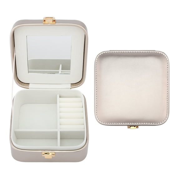 Unique Bargains PU Leather Jewelry Box Jewelry Organizer with Mirror Champagne Gold
