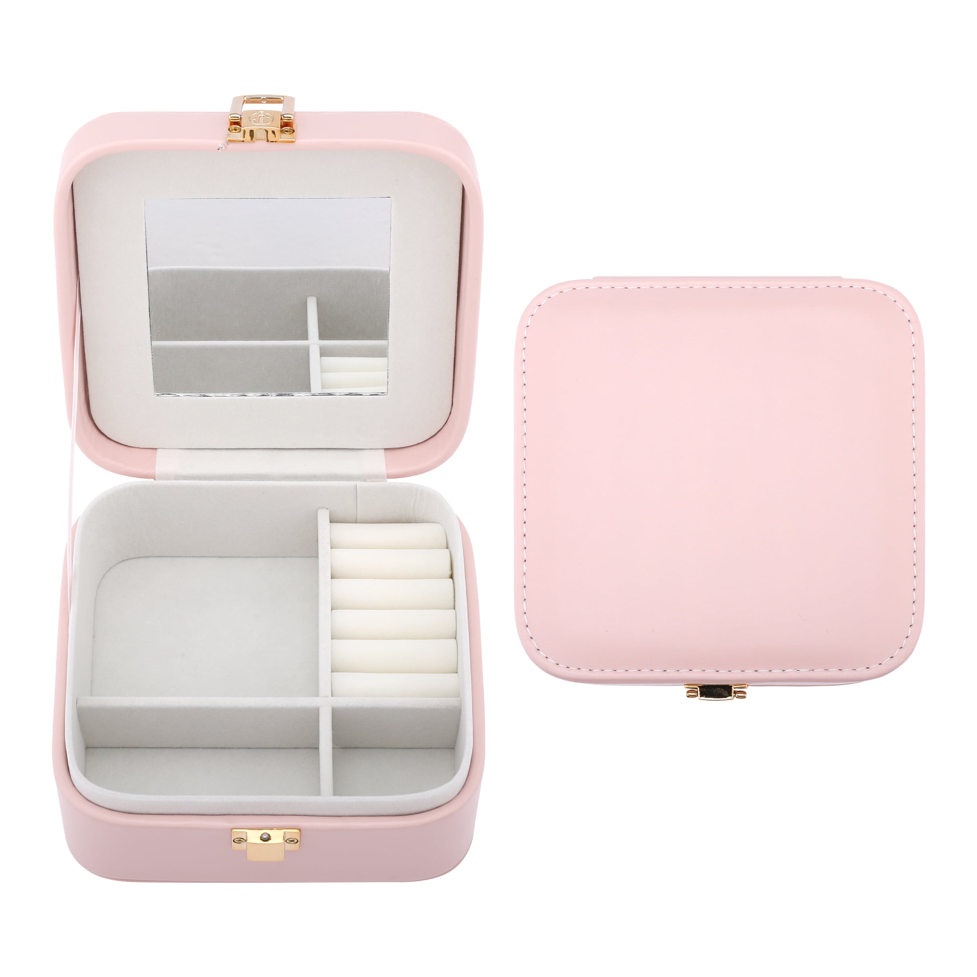 Unique Bargains PU Leather Jewelry Box Jewelry Organizer with Mirror Pink