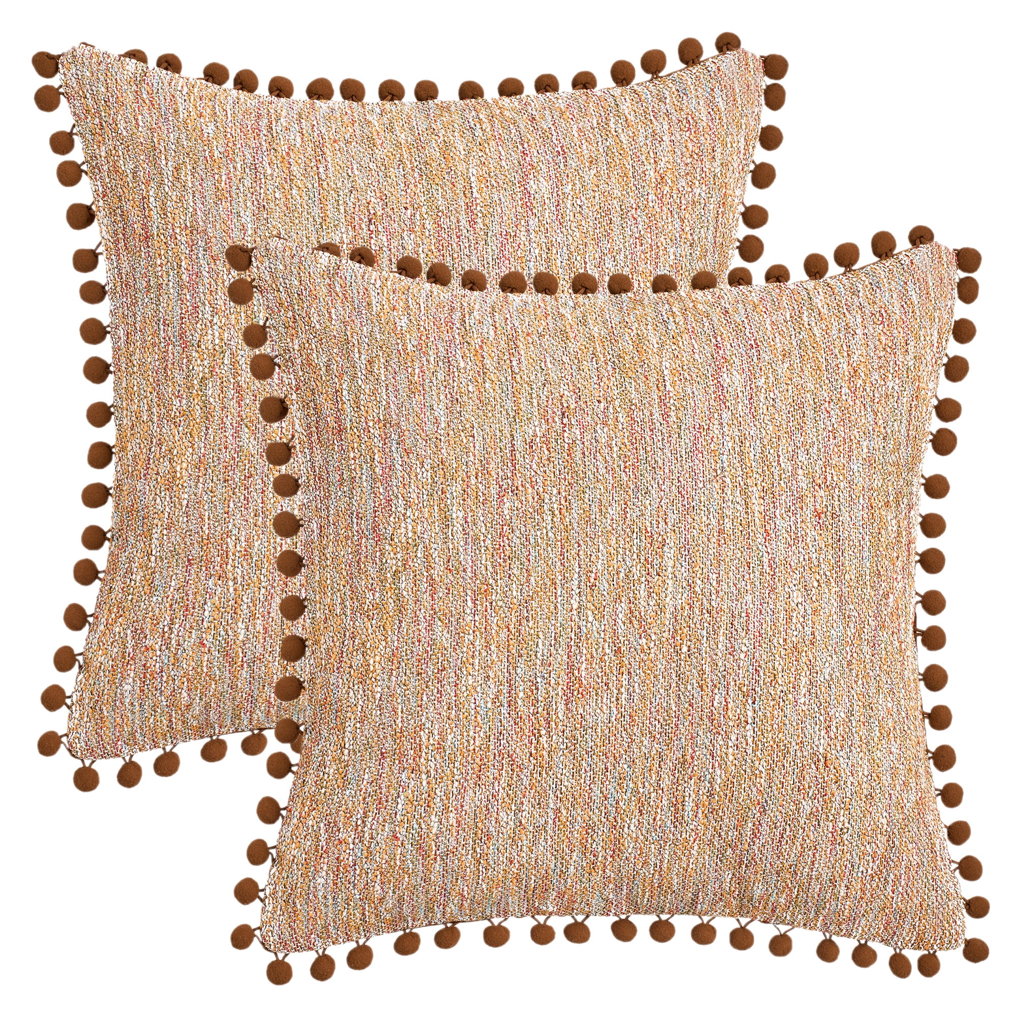 Unique Bargains Pack of 2 Chenille Throw Pillow Covers with Pom-poms 18" x 18" Brown