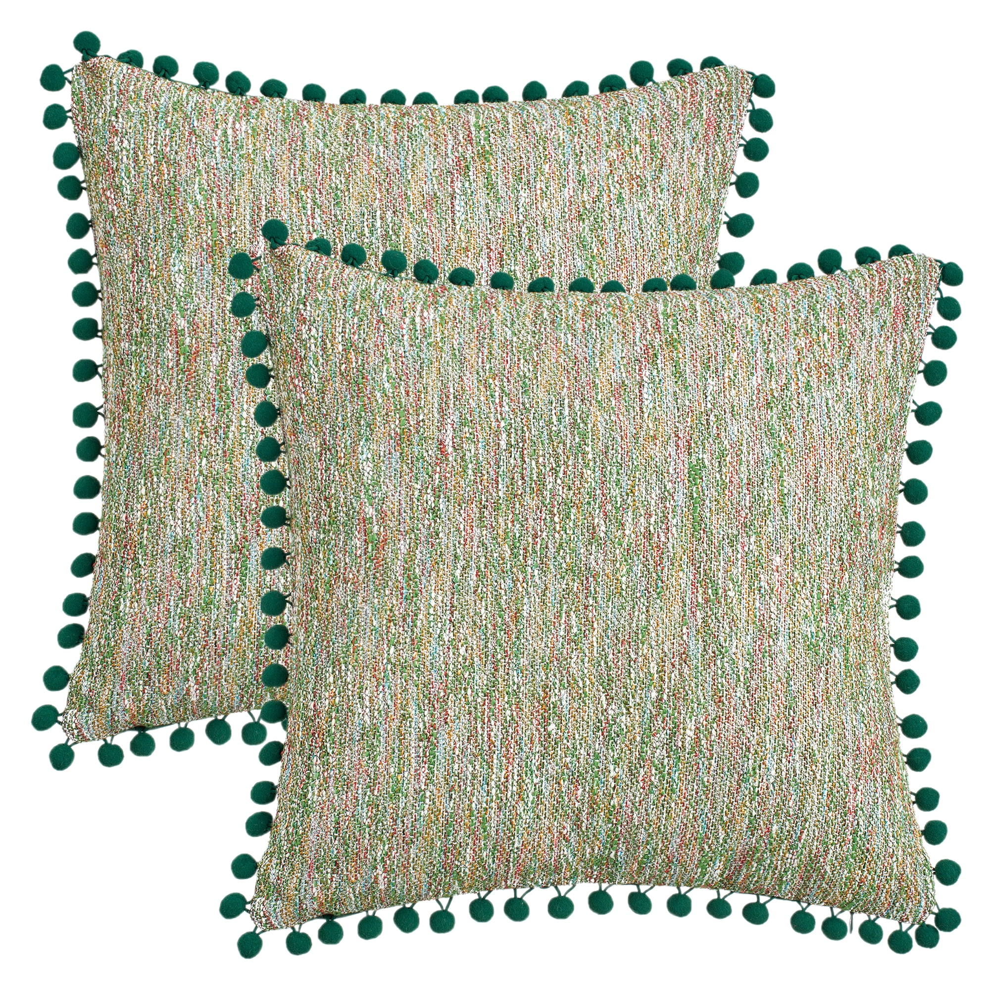 Unique Bargains Pack of 2 Chenille Throw Pillow Covers with Pom-poms 18" x 18" Green