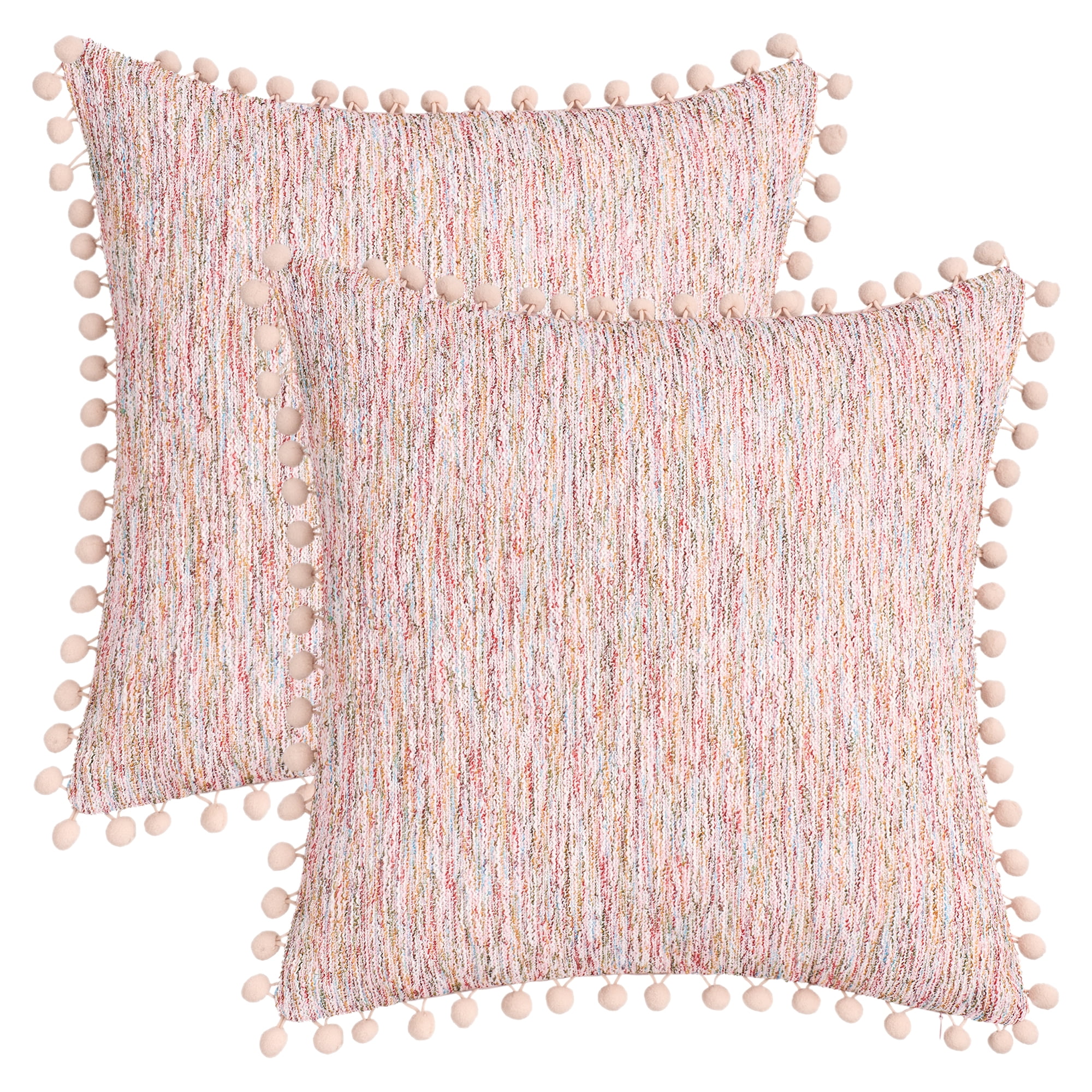 Unique Bargains Pack of 2 Chenille Throw Pillow Covers with Pom-poms 18" x 18" Pink