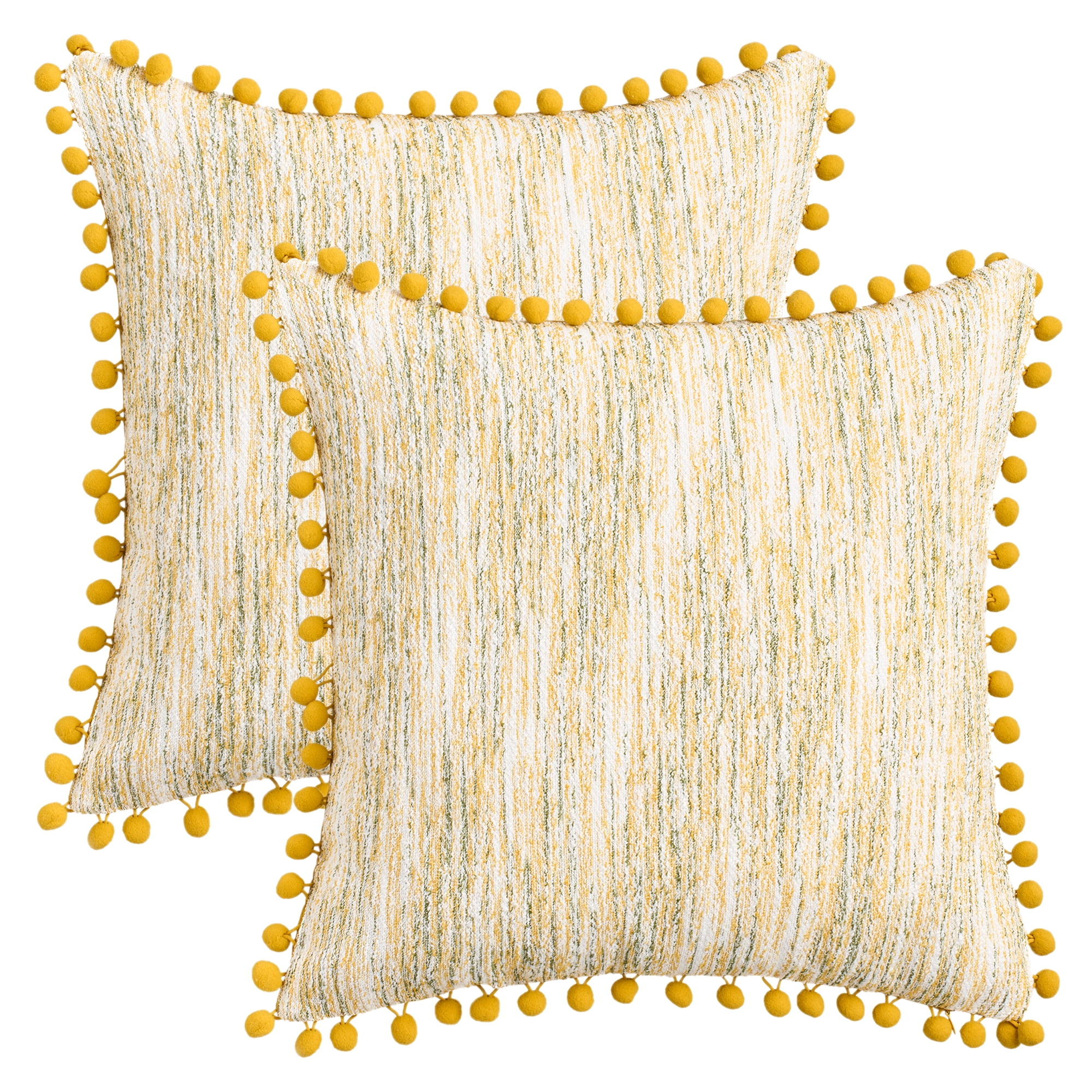 Unique Bargains Pack of 2 Chenille Throw Pillow Covers with Pom-poms 18" x 18" Yellow