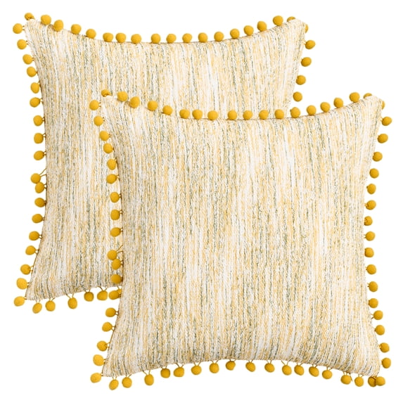 Unique Bargains Pack of 2 Chenille Throw Pillow Covers with Pom-poms 18" x 18" Yellow