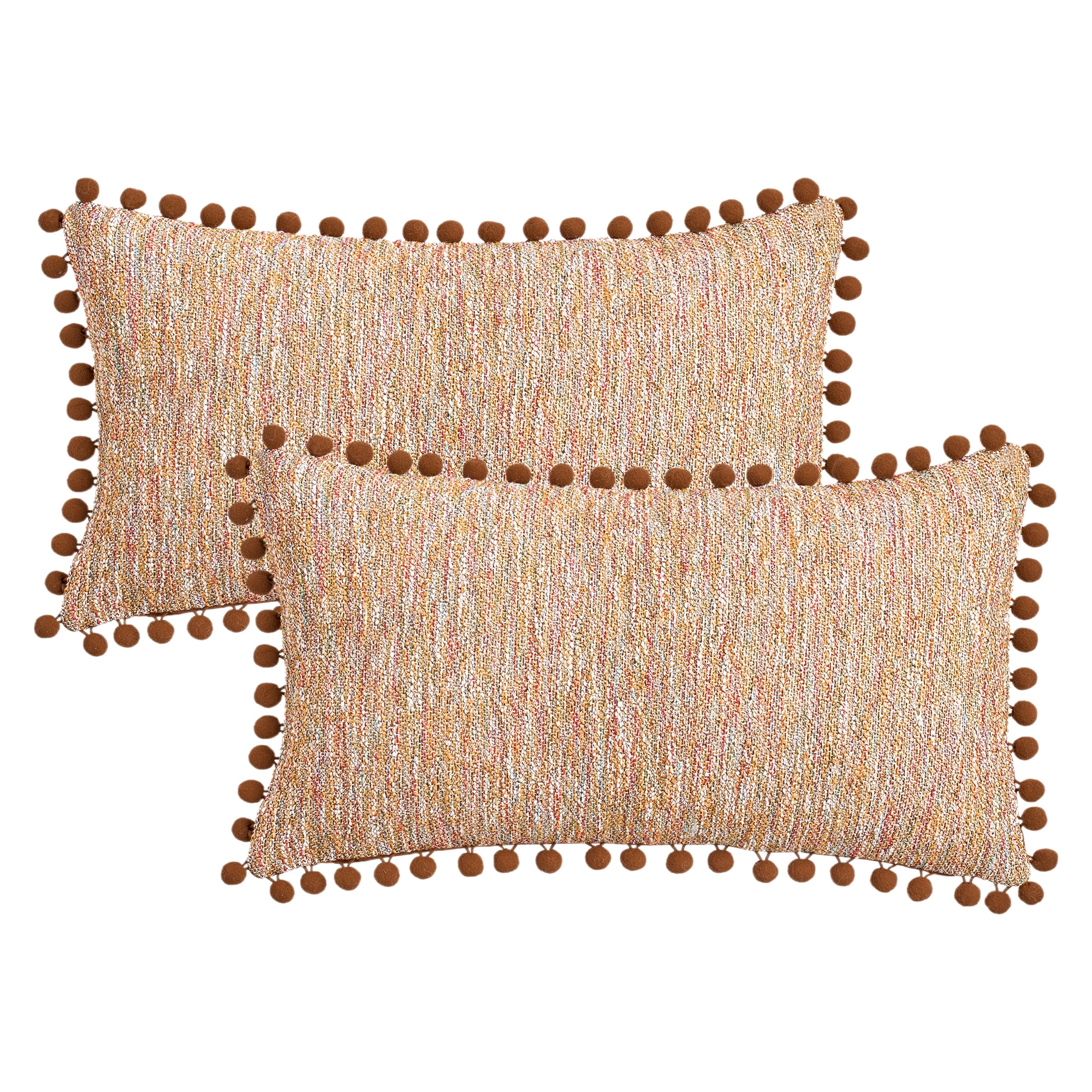 Unique Bargains Pack of 2 Chenille Throw Pillow Covers with Pom-poms 20" x 12" Brown
