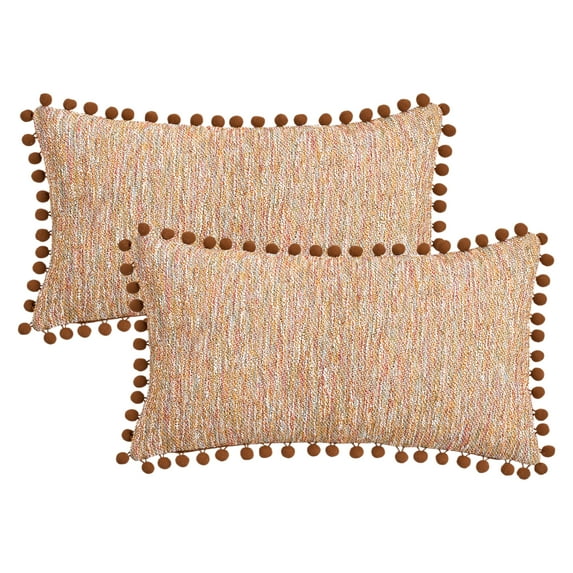 Unique Bargains Pack of 2 Chenille Throw Pillow Covers with Pom-poms 20" x 12" Brown