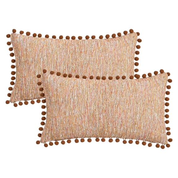 Unique Bargains Pack of 2 Chenille Throw Pillow Covers with Pom-poms 20" x 12" Brown