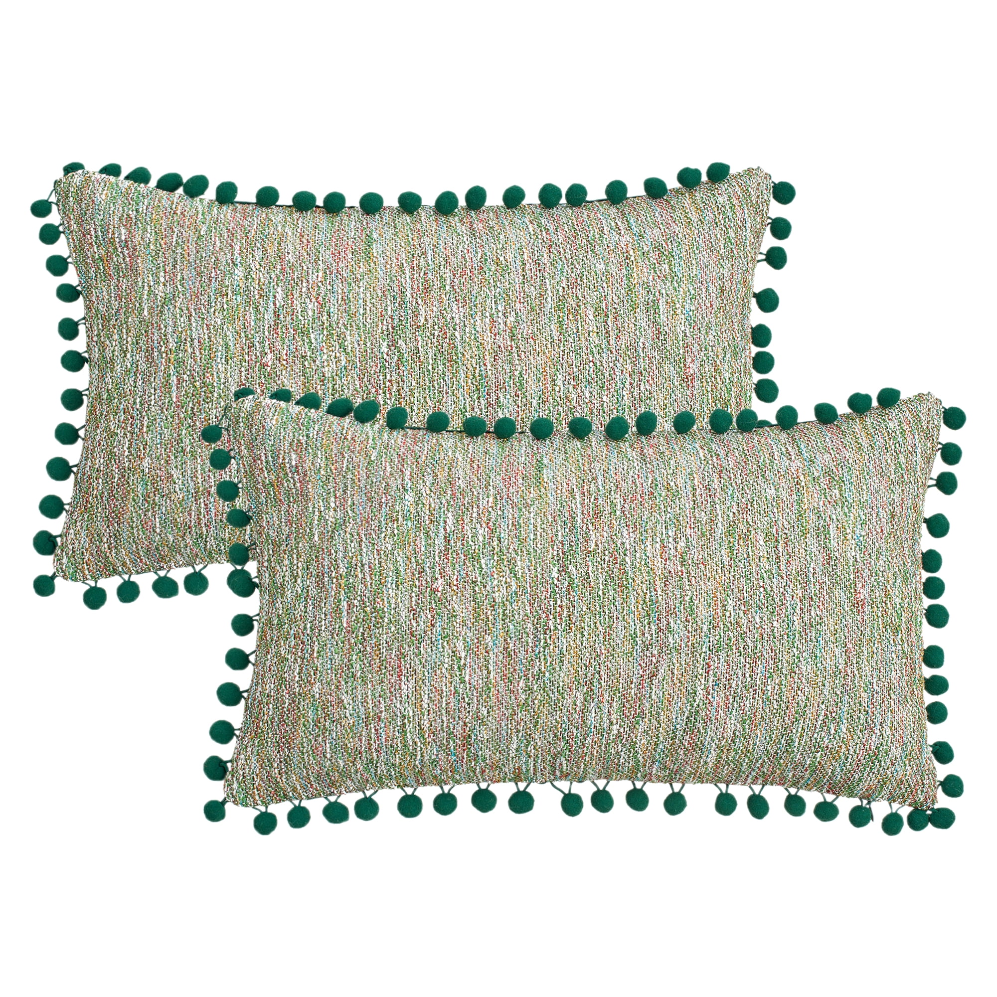Unique Bargains Pack of 2 Chenille Throw Pillow Covers with Pom-poms 20" x 12" Green