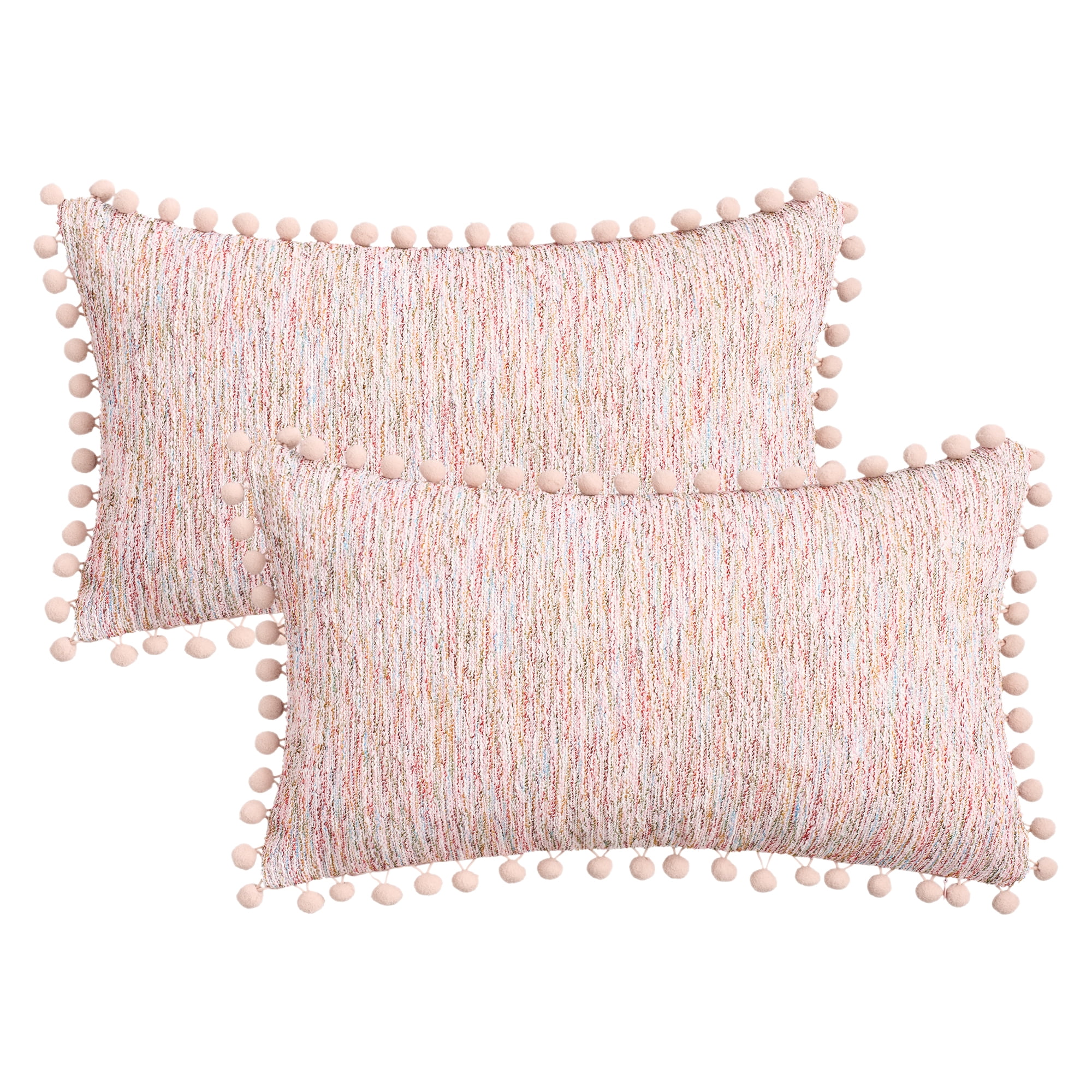 Unique Bargains Pack of 2 Chenille Throw Pillow Covers with Pom-poms 20" x 12" Pink