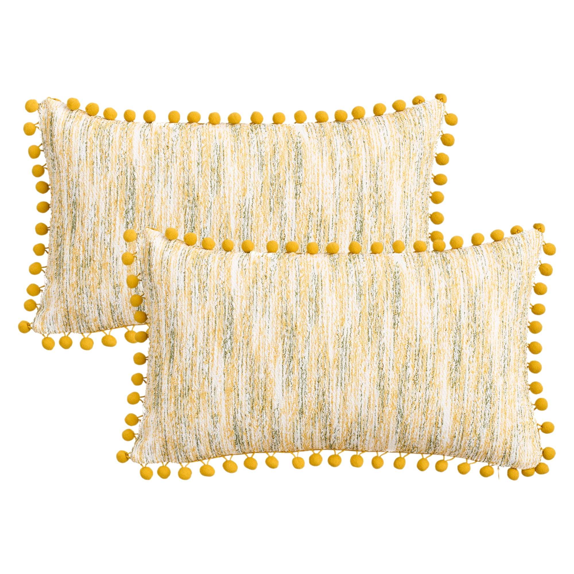 Unique Bargains Pack of 2 Chenille Throw Pillow Covers with Pom-poms 20" x 12" Yellow