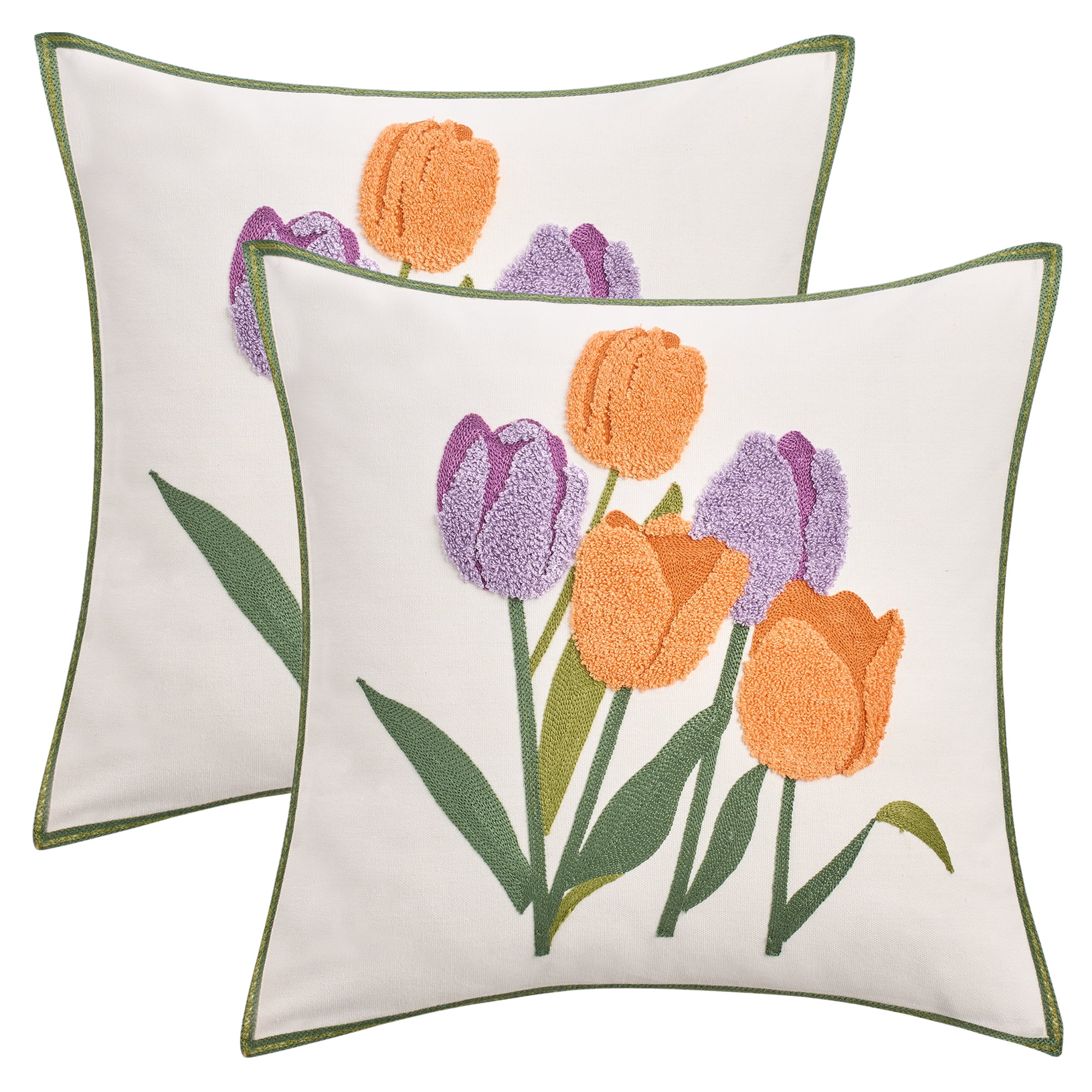 Unique Bargains Pack of 2 Flower Embroidered Throw Pillow Covers Purple Orange-Tulips