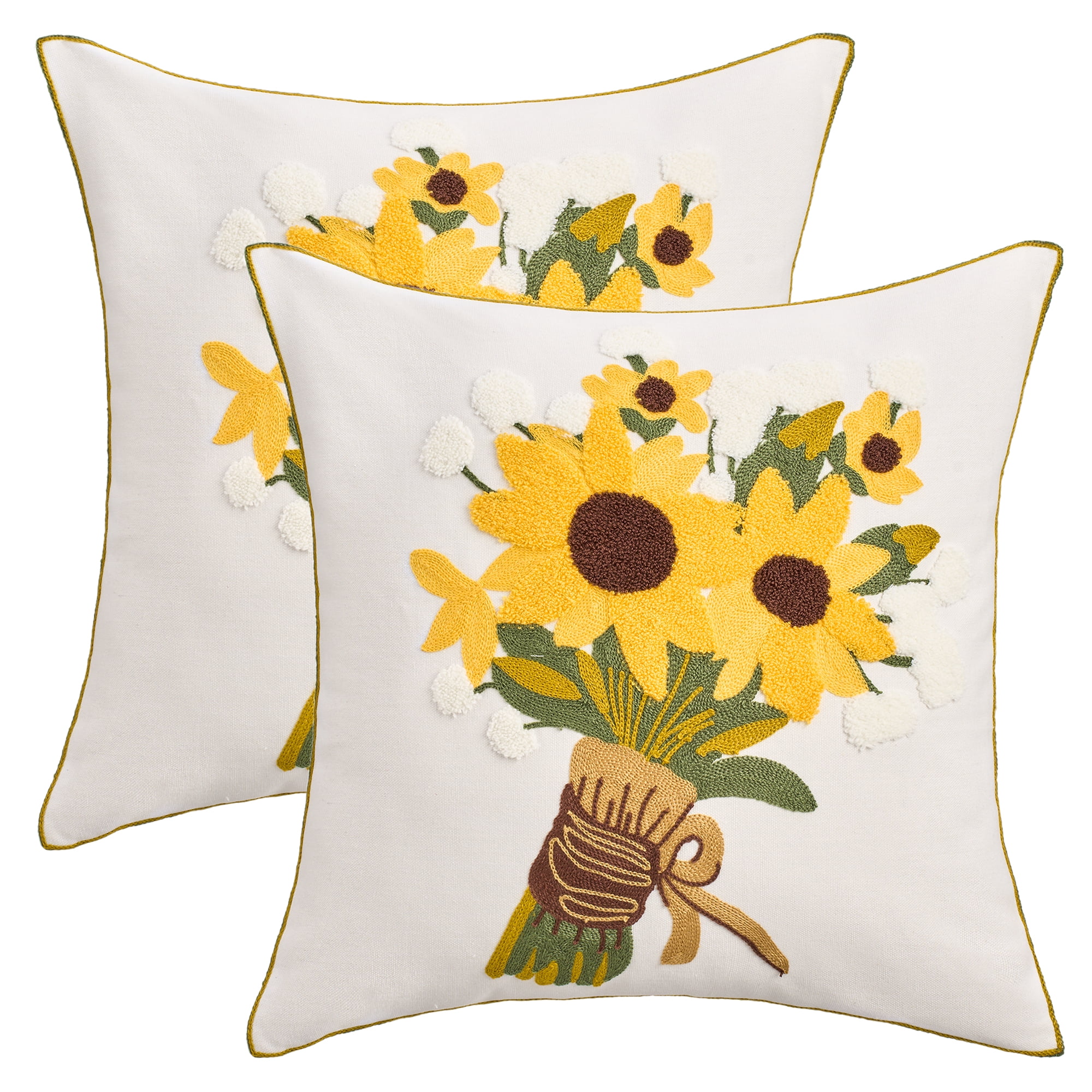 Unique Bargains Pack of 2 Flower Embroidered Throw Pillow Covers Yellow Green