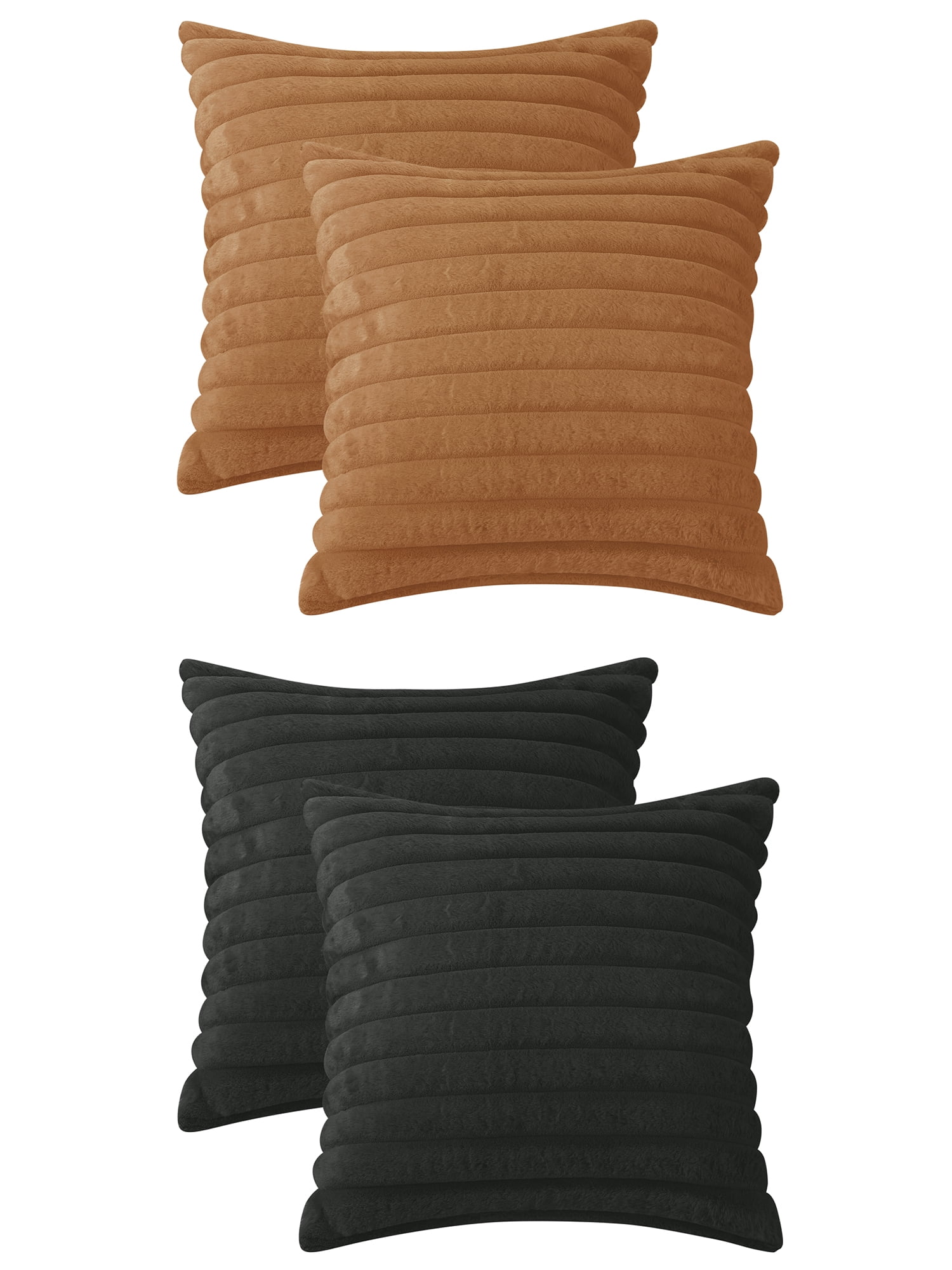 Unique Bargains Pack of 4 Solid Striped Throw Pillow Covers Plush Faux Fur Pillow Cover Light Brown/Black 16" x 16"