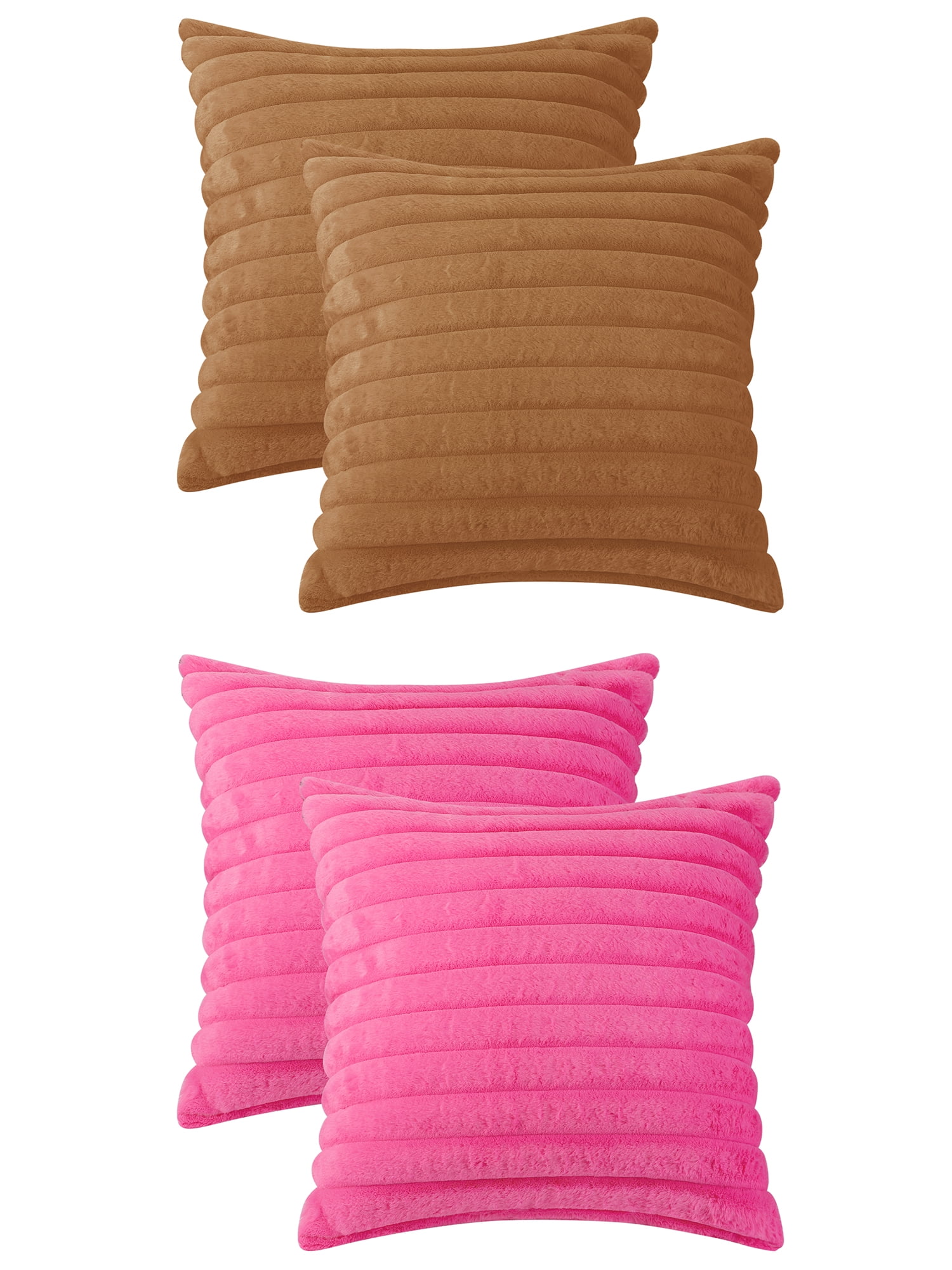 Unique Bargains Pack of 4 Solid Striped Throw Pillow Covers Plush Faux Fur Pillow Cover Light Brown/Pink 16" x 16"