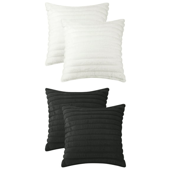 Unique Bargains Pack of 4 Solid Striped Throw Pillow Covers Plush Faux Fur Pillow Cover White/Black 16" x 16"