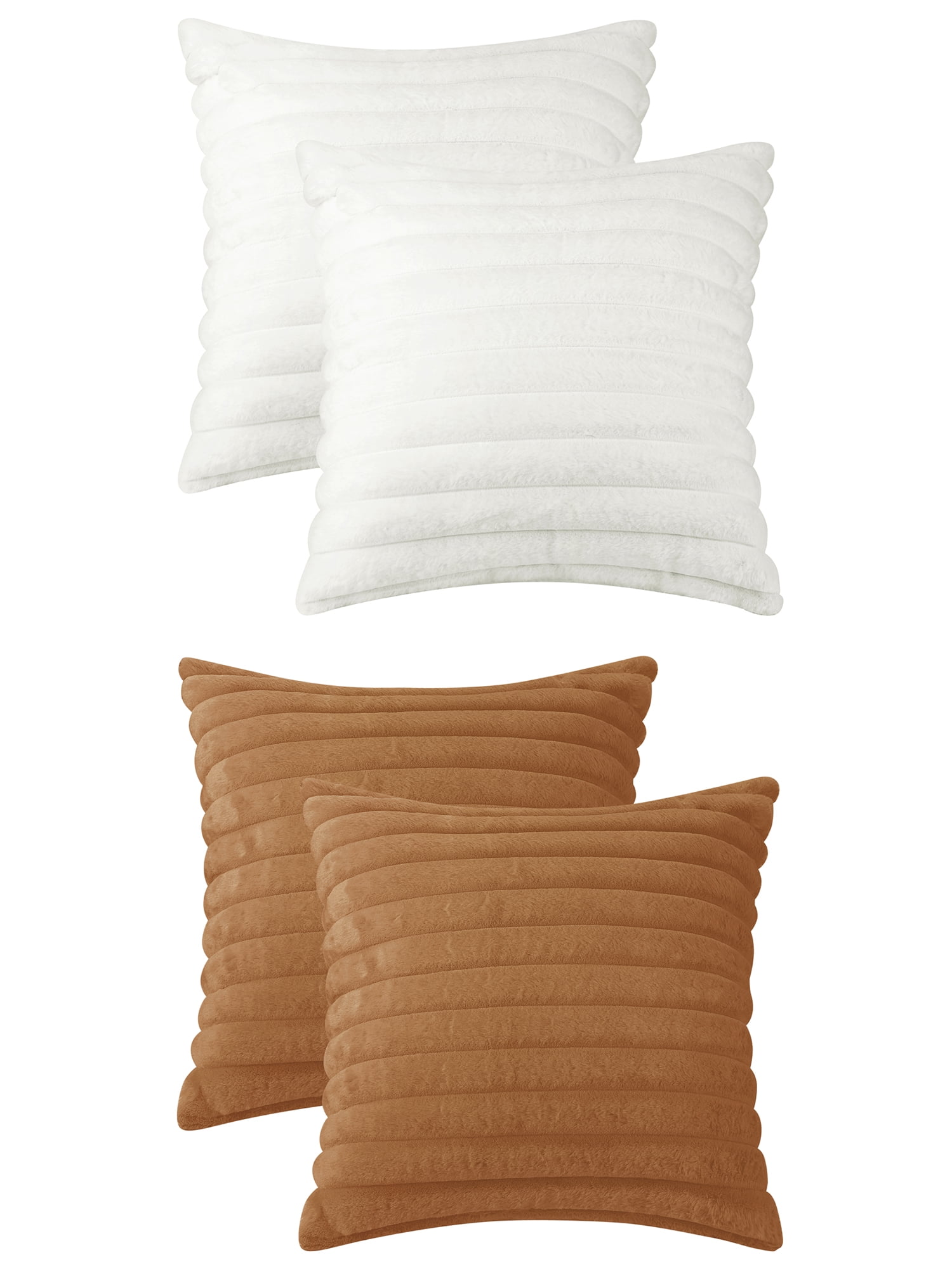 Unique Bargains Pack of 4 Solid Striped Throw Pillow Covers Plush Faux Fur Pillow Cover White/Light Brown 16" x 16"