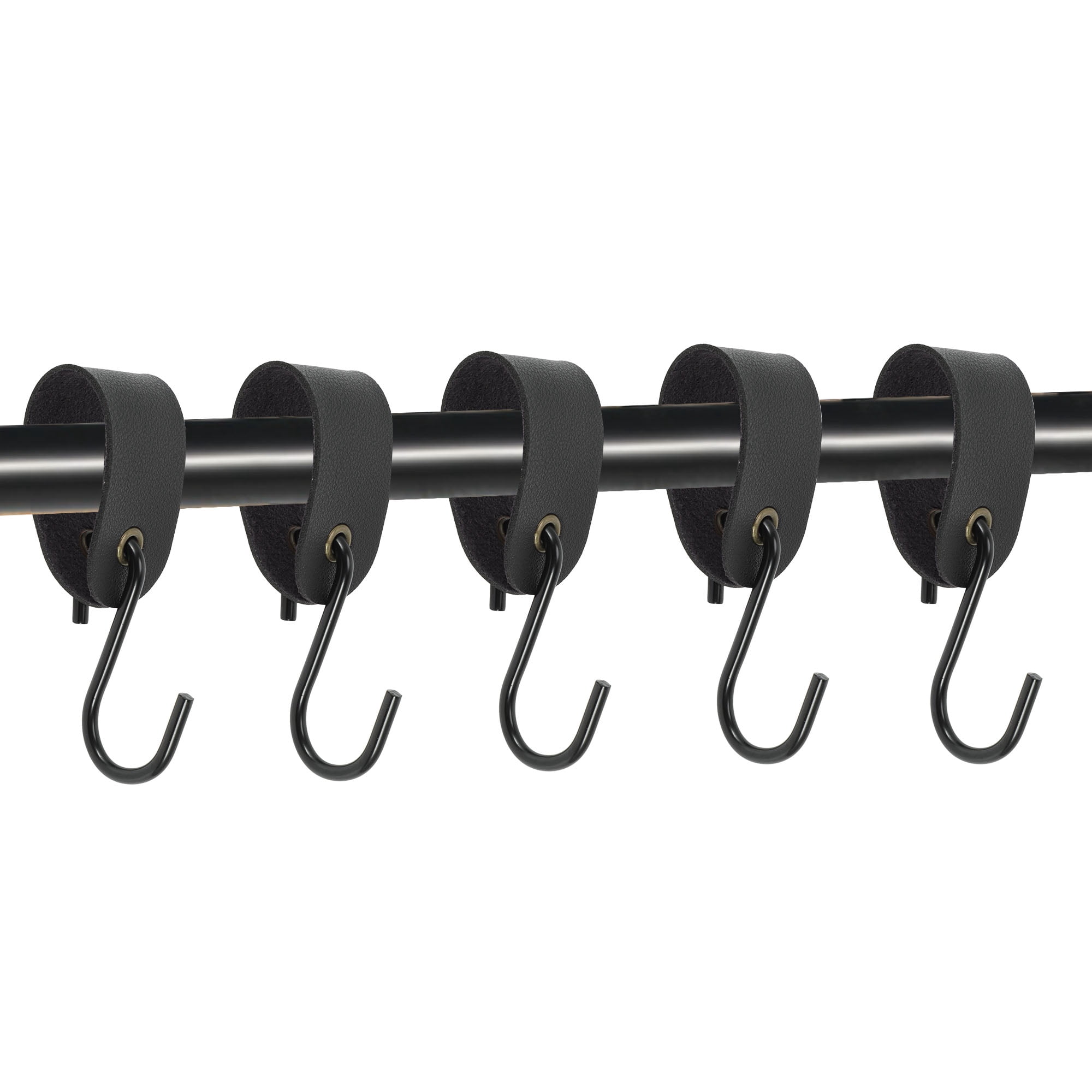 Unique Bargains Pack of 5 S Hooks with Leather Loop for Wardrobe All Black