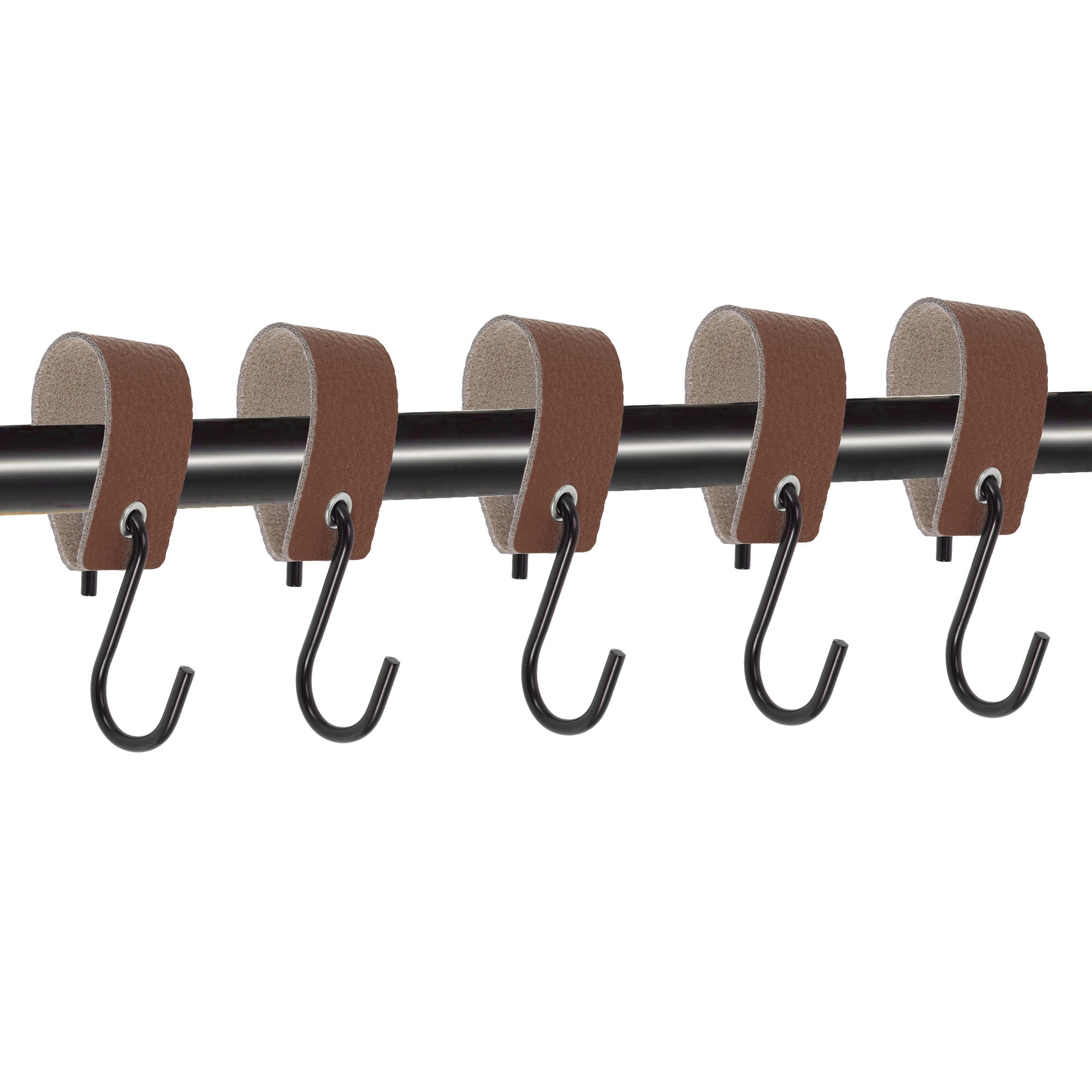 Unique Bargains Pack of 5 S Hooks with Leather Loop for Wardrobe Deep Brown