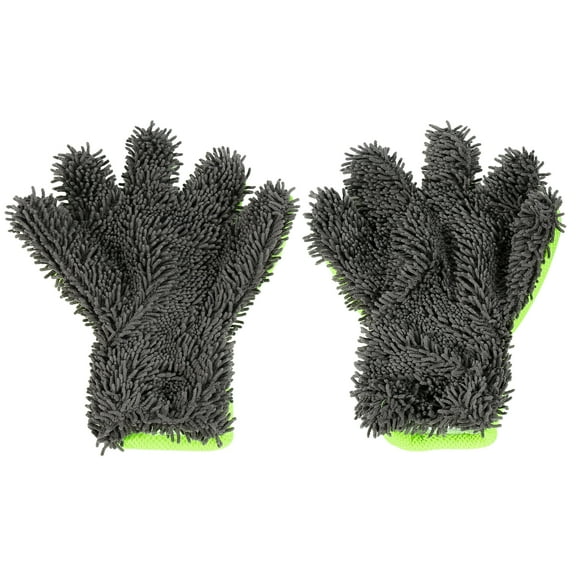 Unique Bargains Pair Green Gray Car Wash Mitt Microfiber Five Finger Glove Double Sided Dirt Washing Tool Absorbent