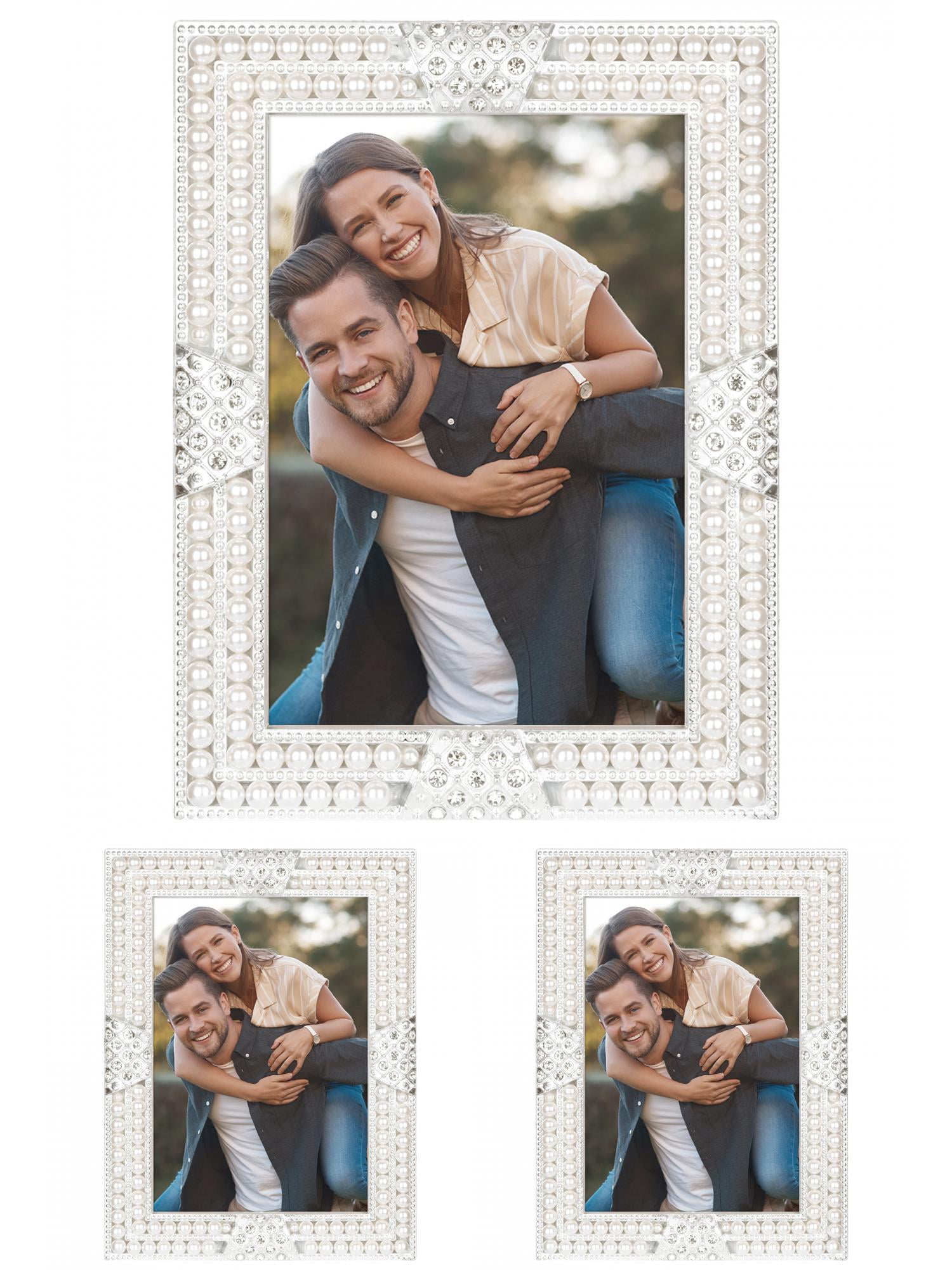 Unique Bargains Pearl Picture Frame Vintage Retro Plated Crystal Photo Frames Silver 5x7" Silver -3Pcs 7x10
