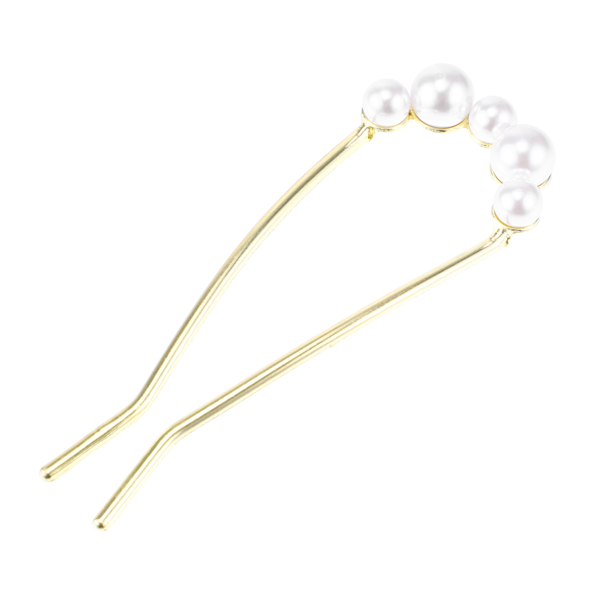 Unique Bargains Pearl U-shaped Hair Pins for Women 4.33"x1.57"x0.47" 1 Pc Gold Tone