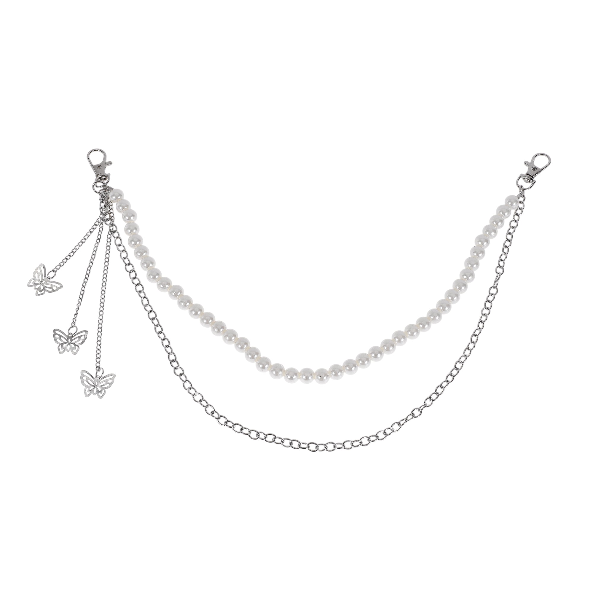 Unique Bargains Pearl and Butterfly Adjustable Waist Belt Silver Tone Beige 1Pc