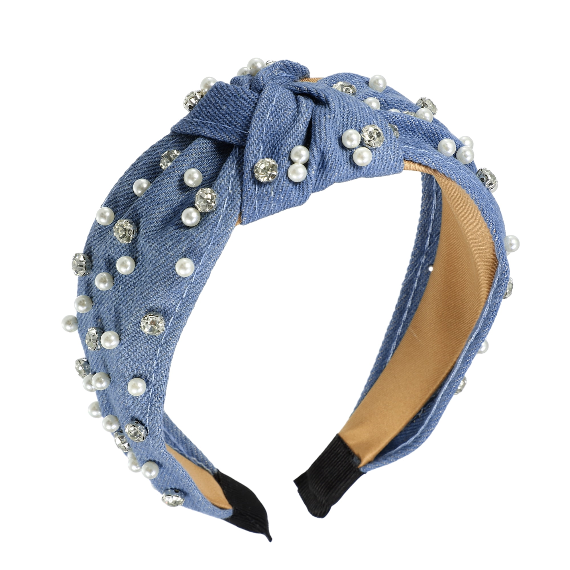 Unique Bargains Pearly Rhinestones Crystal Knotted Women Headband Sky Blue 5.31"x1.97"