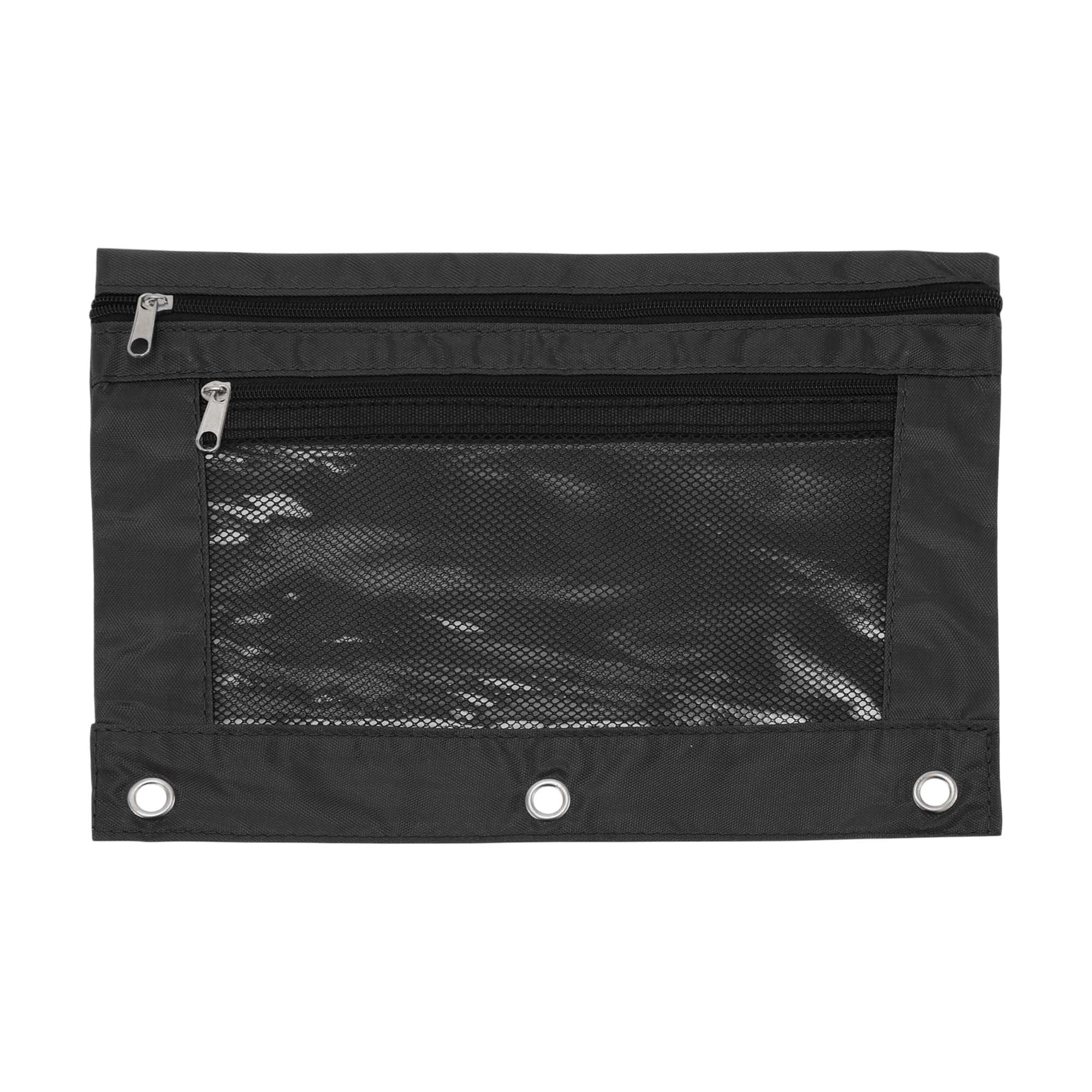 Unique Bargains Smooth Zipper Clear Mesh Double Layer Pencil Case for 3 Ring Binder Black