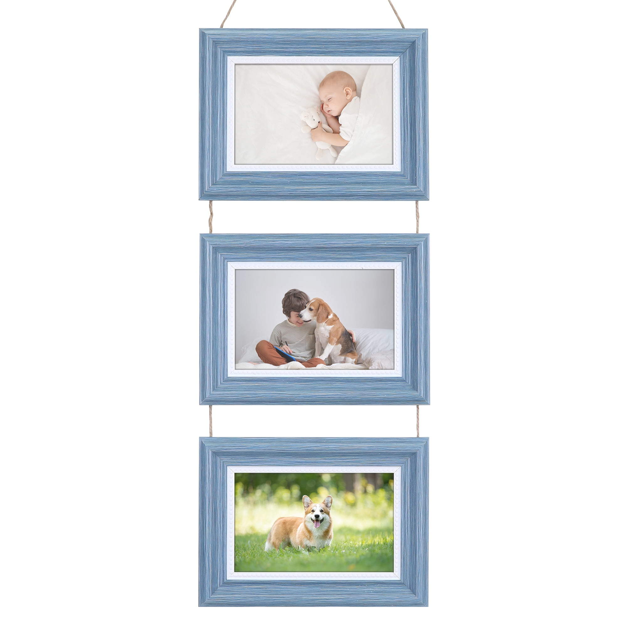 Unique Bargains Picture Frames with Rope for Wall Decor Blue Three Horizontal 4x6