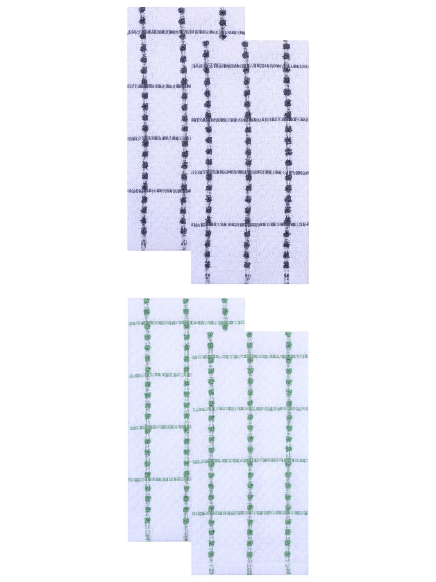 Unique Bargains Plaid 100% Cotton Quick Dry Kitchen Towels 4 Pack Grey/Green 25" x 15"