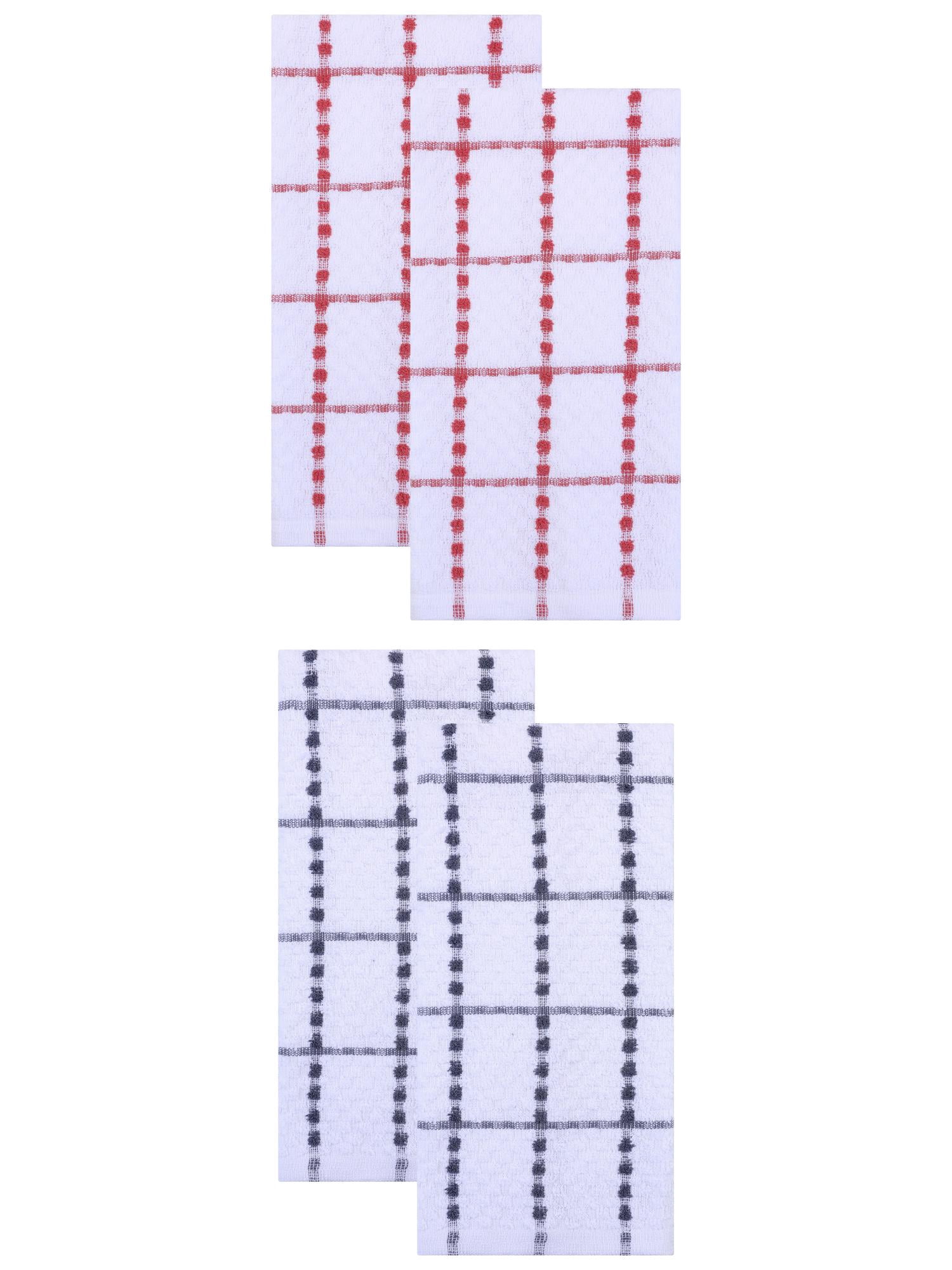 Unique Bargains Plaid 100% Cotton Quick Dry Kitchen Towels 4 Pack Grey/Red 25" x 15"