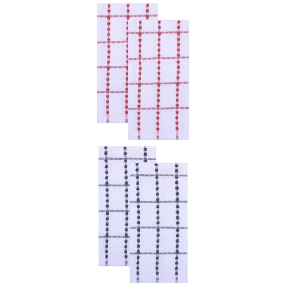 Unique Bargains Plaid 100% Cotton Quick Dry Kitchen Towels 4 Pack Grey/Red 25" x 15"