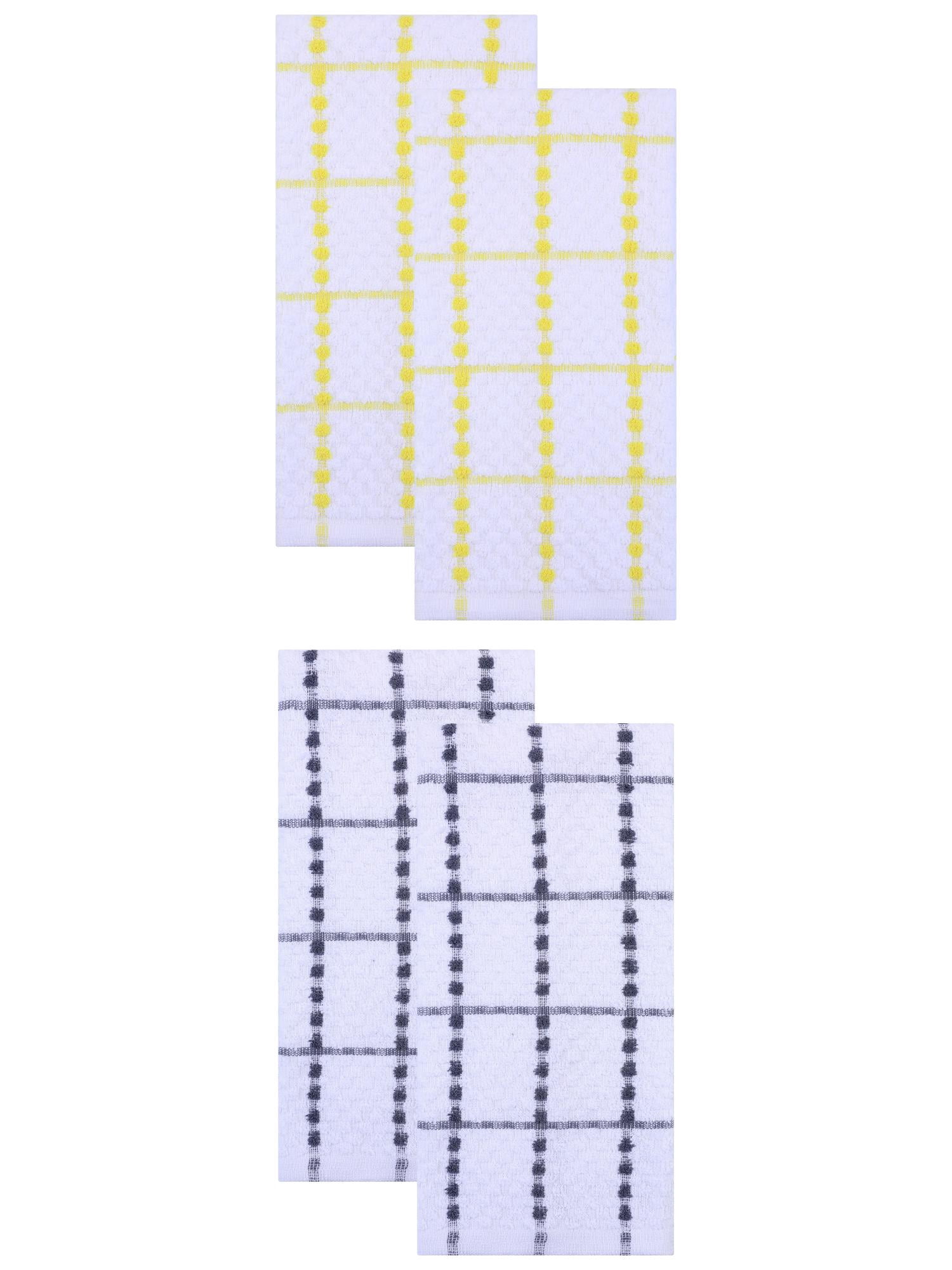 Unique Bargains Plaid 100% Cotton Quick Dry Kitchen Towels 4 Pack Grey/Yellow 25" x 15"