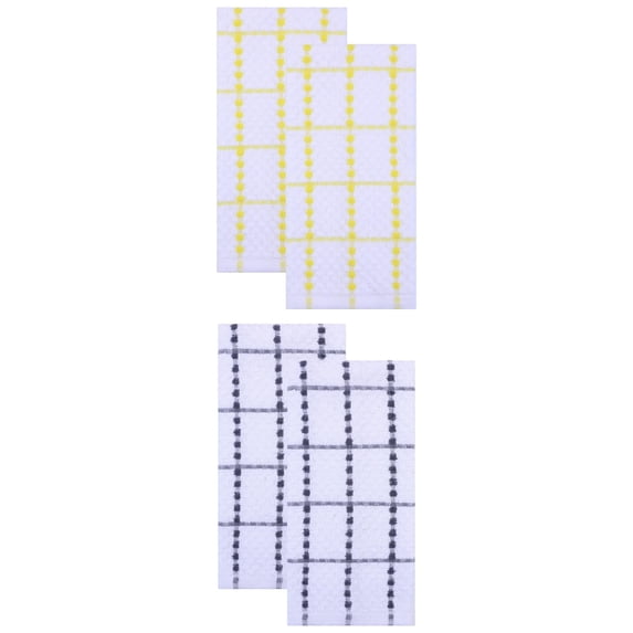 Unique Bargains Plaid 100% Cotton Quick Dry Kitchen Towels 4 Pack Grey/Yellow 25" x 15"