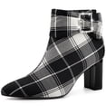 thumbnail image 1 of Unique Bargains Plaid Pointy Toe Bow Decor Zipper Chunky Heels Ankle Boots for Women Black 8, 1 of 7