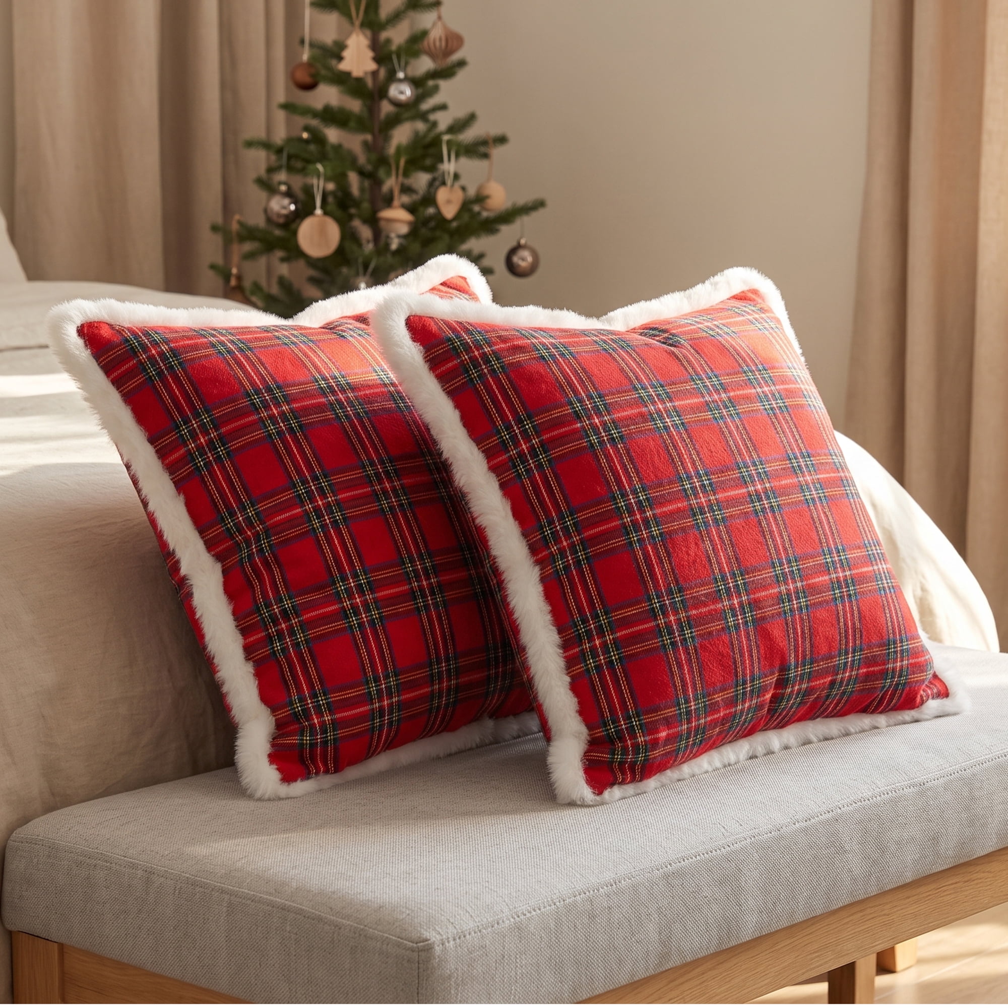 Unique Bargains Plaid Throw Pillow Covers Tartan Cushion Cases Red Plaid Fur Trim 18"x18"