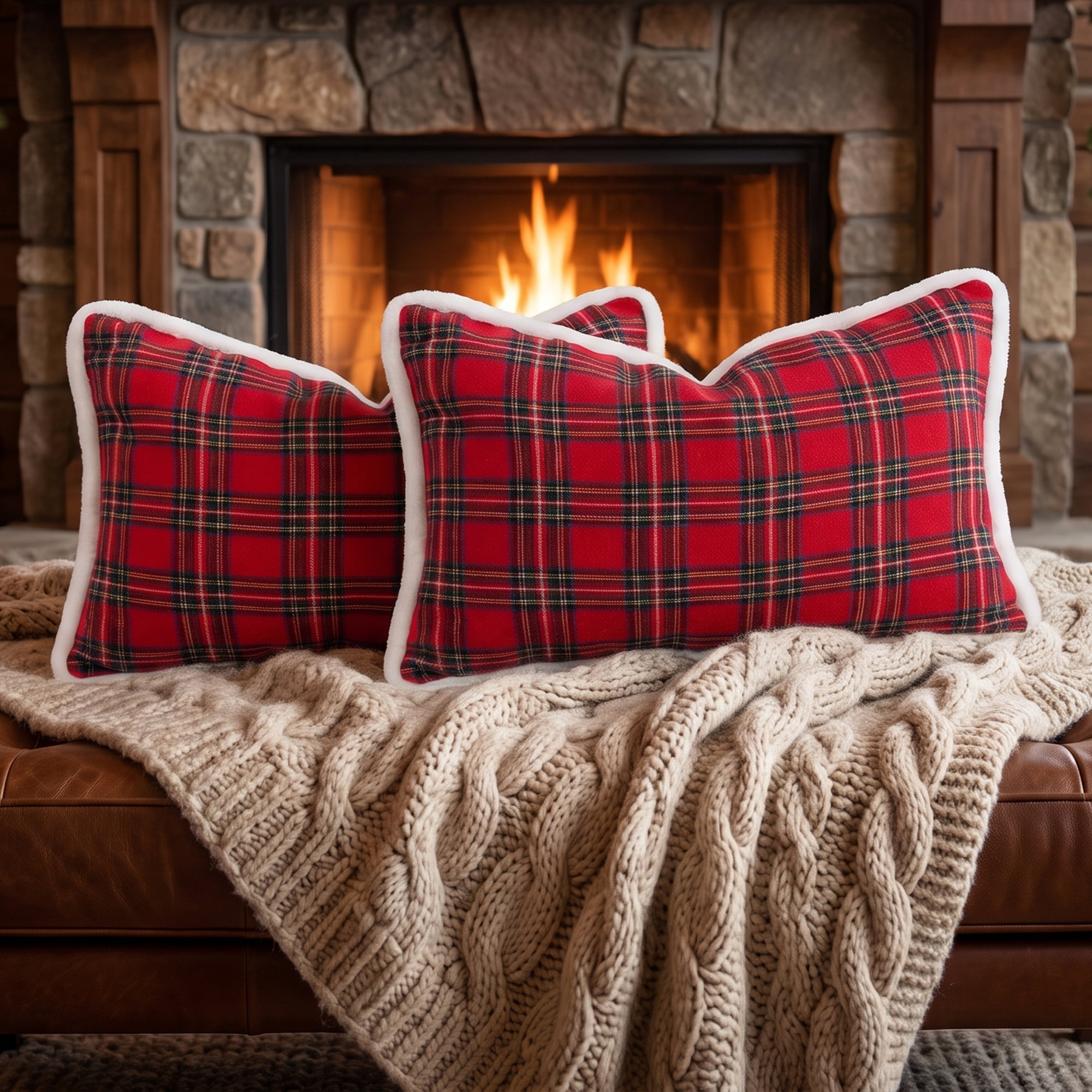 Unique Bargains Plaid Throw Pillow Covers Tartan Cushion Cases Red Plaid Fur Trim 20"x12"