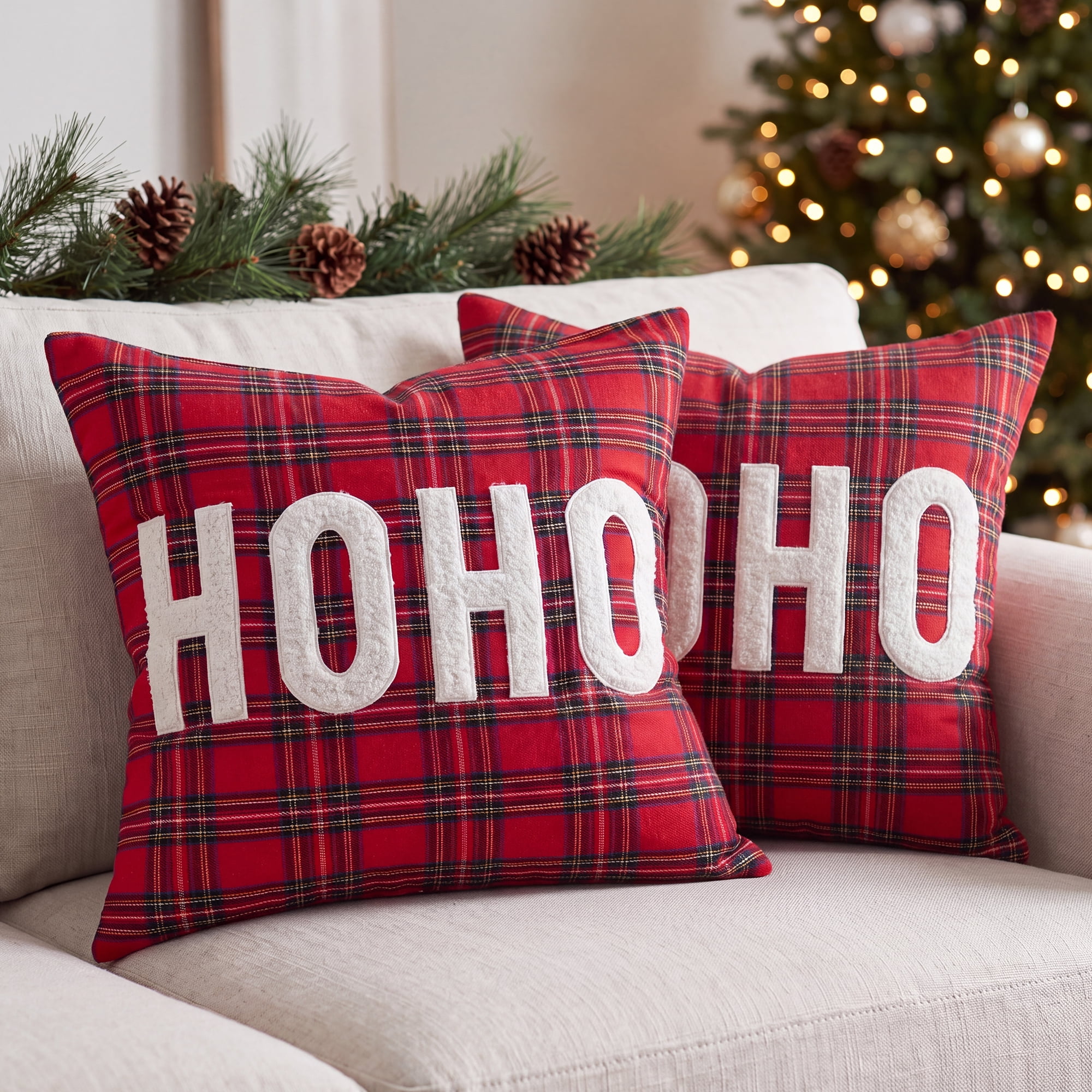 Unique Bargains Plaid Throw Pillow Covers Tartan Cushion Cases Red Plaid HoHoHo 18"x18"